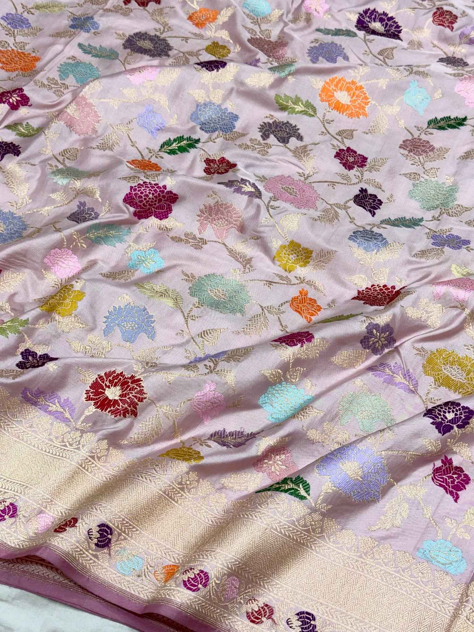 Light Mauve Pink Pure Mulberry Double Katan Silk Handwoven Banarasi Saree - Authentic Banarasi Saree | Kadhwa + Ektara Weave |