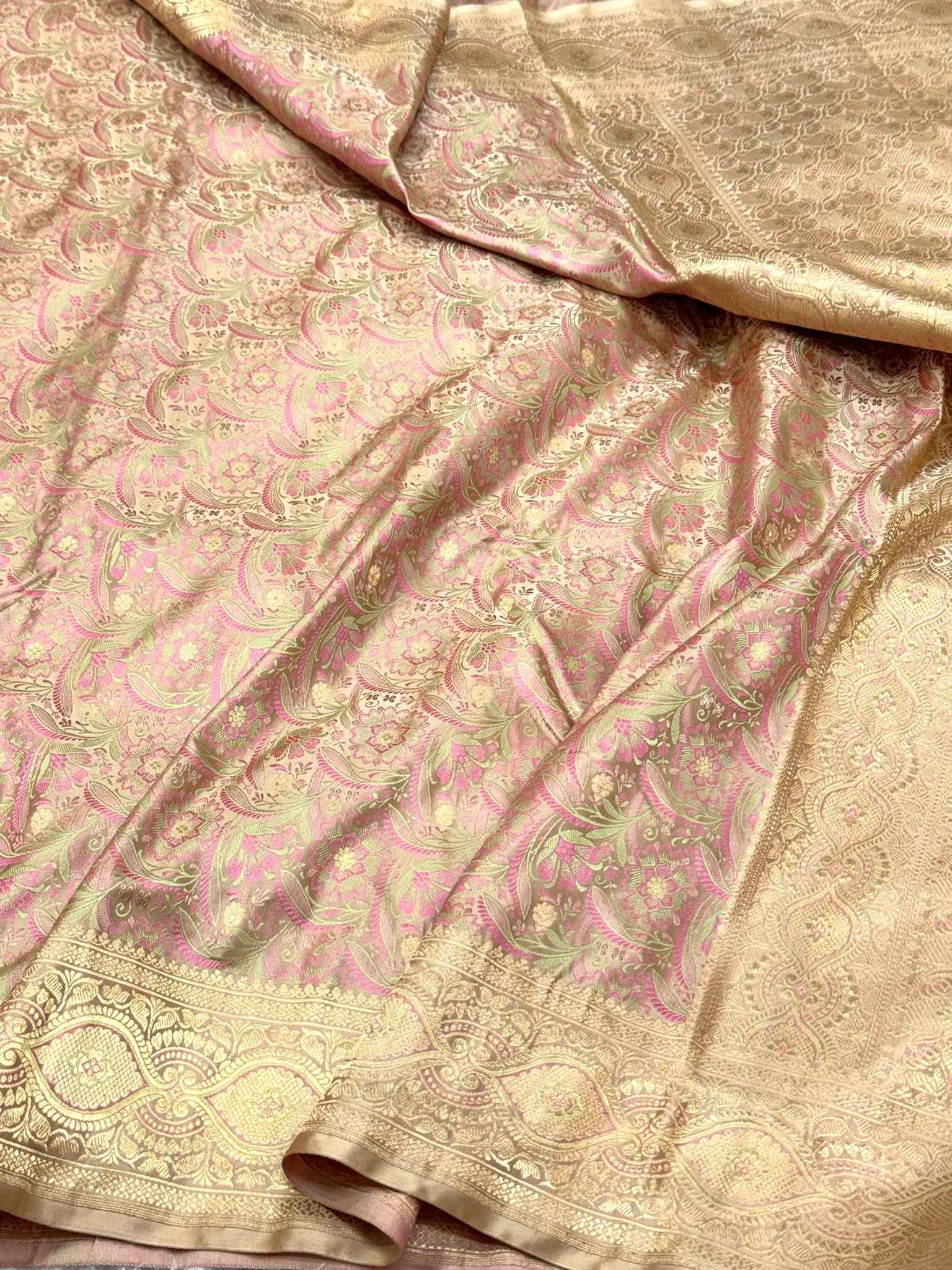 Beige Pure Satin Silk Handwoven Soft Drape Banarasi Saree