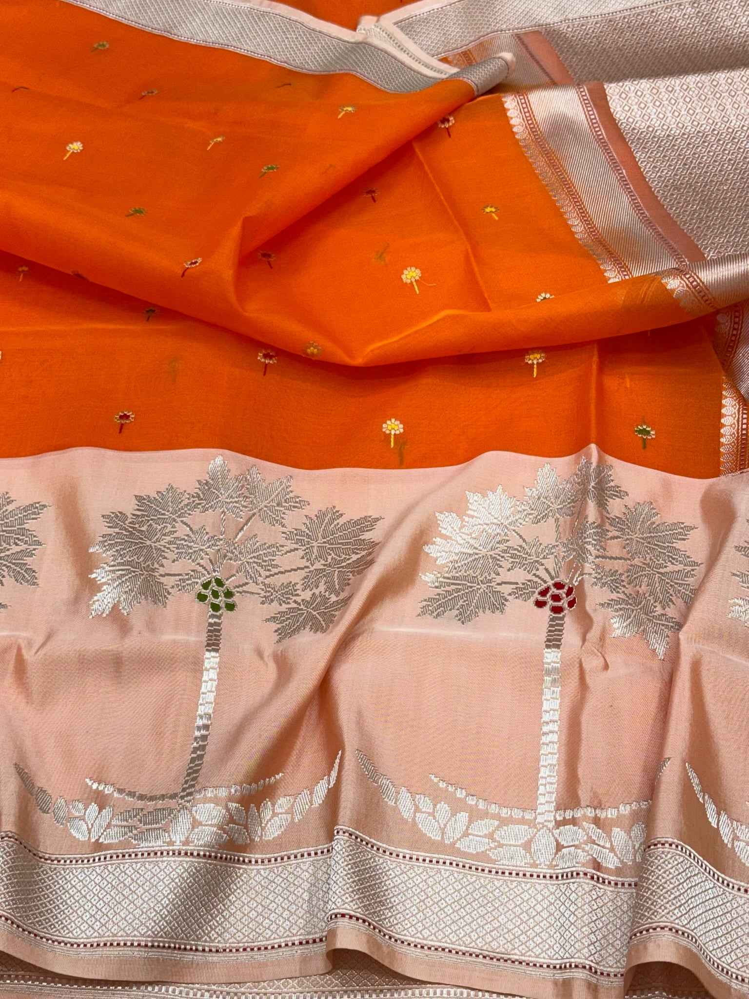 Orange Pure Kora Silk Handwoven Banarasi Saree | Authentic Banarasi Contemporary Saree