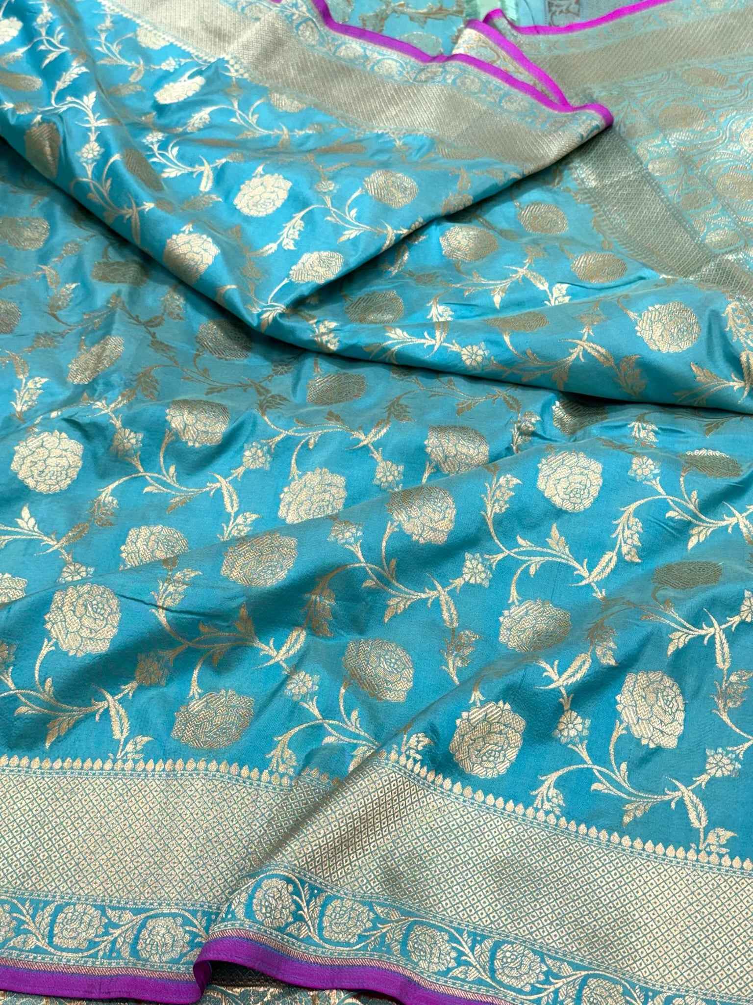 Aqua Blue Pure Mulberry Katan Silk Handloom Banarasi Saree