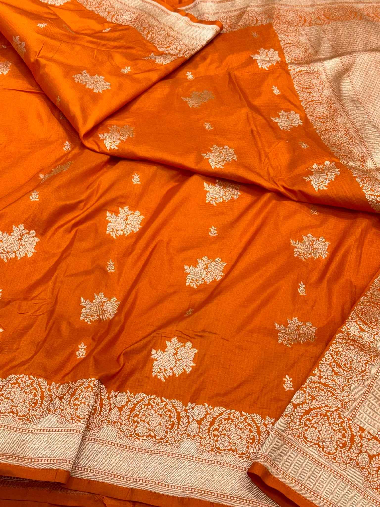 Orange Pure Mulberry Katan Silk Handloom Banarasi Saree - Zari Butah