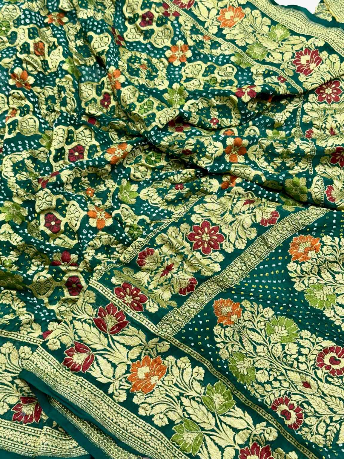 Emerald Green Pure Chiffon Georgette Handloom Banarasi Bandhej Saree soft Drape