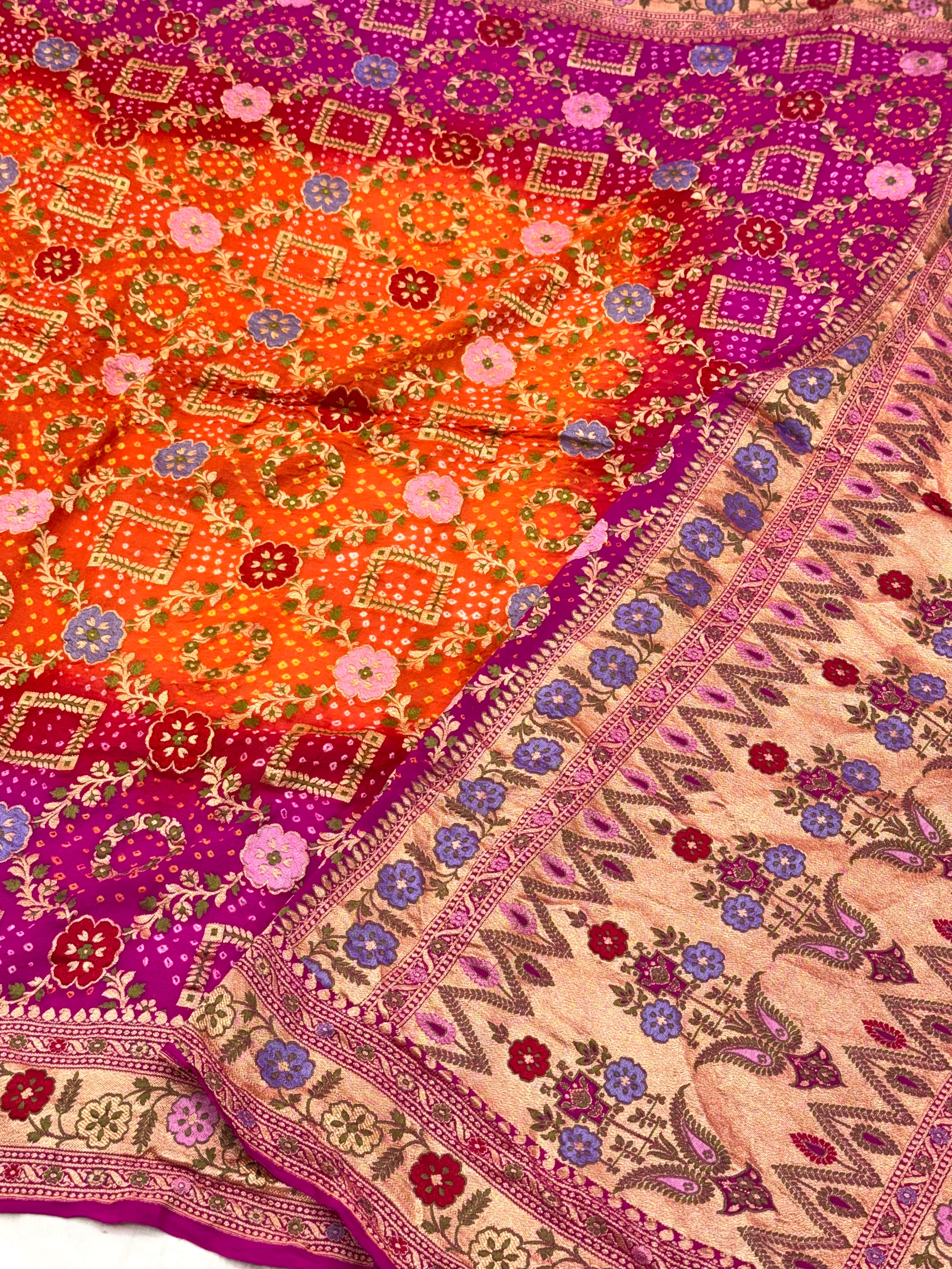 Orange Pure Chiffon Khaddi Georgette Handloom Banarasi Saree |Bandhej|