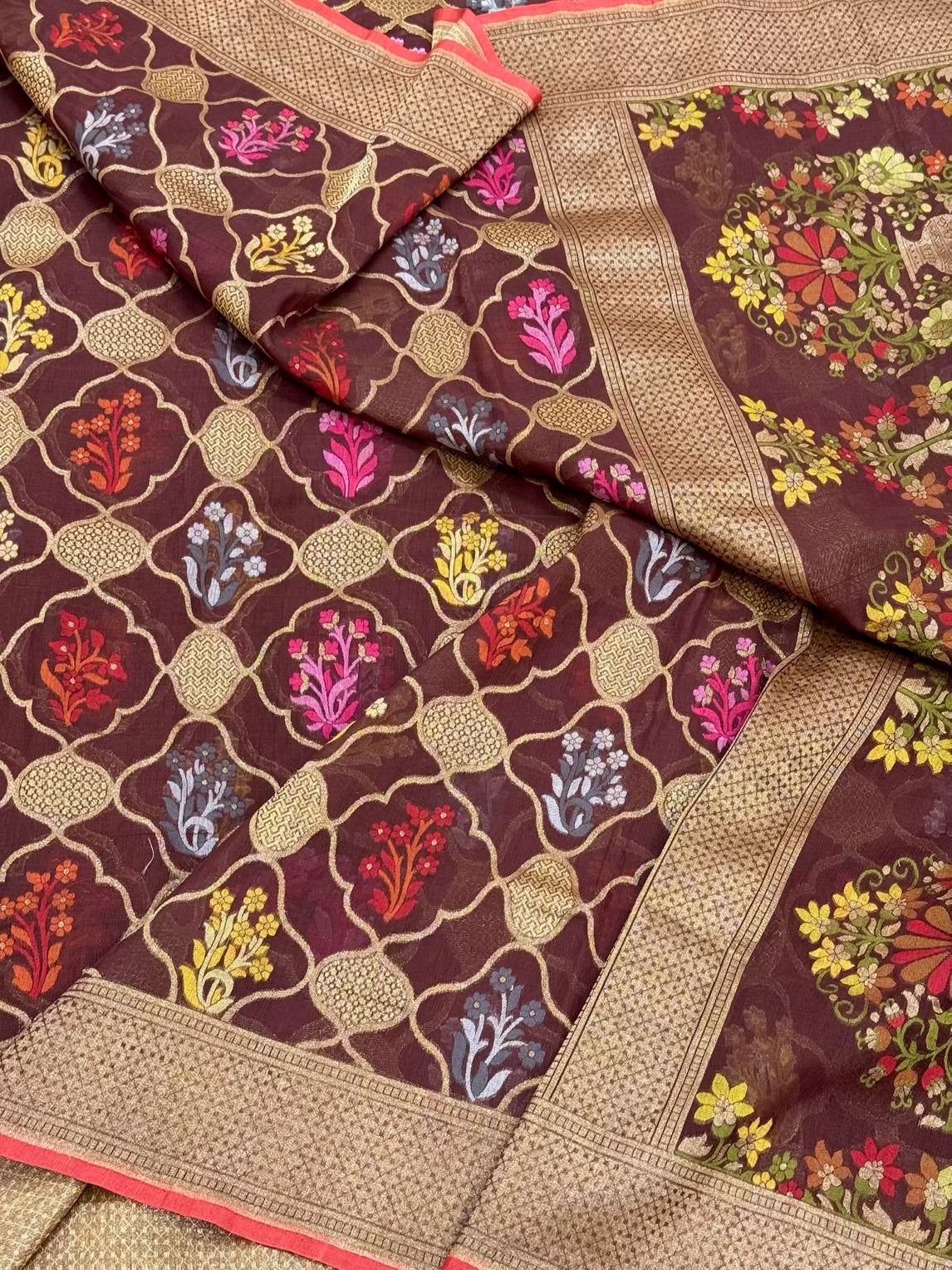 Brown Pure Muslin Cotton Jamdani Handloom Banarasi Saree |Ektara Weave|