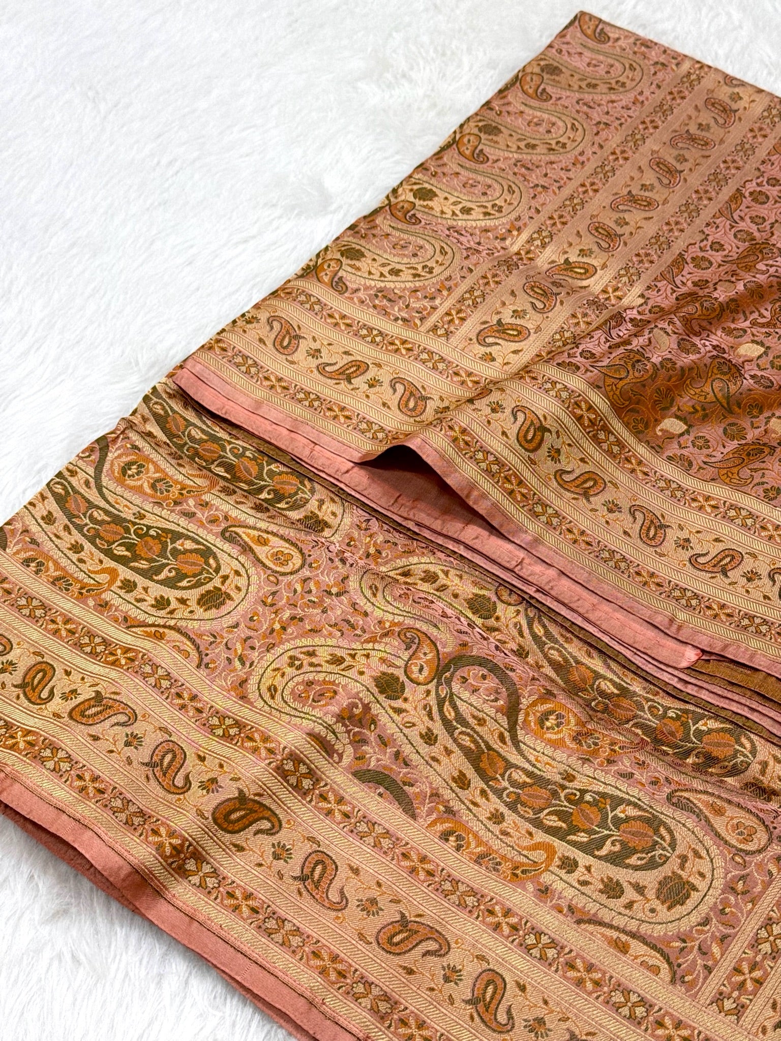 Peach Pink Pure Satin Silk Handwoven Banarasi Saree |Tanchoi|