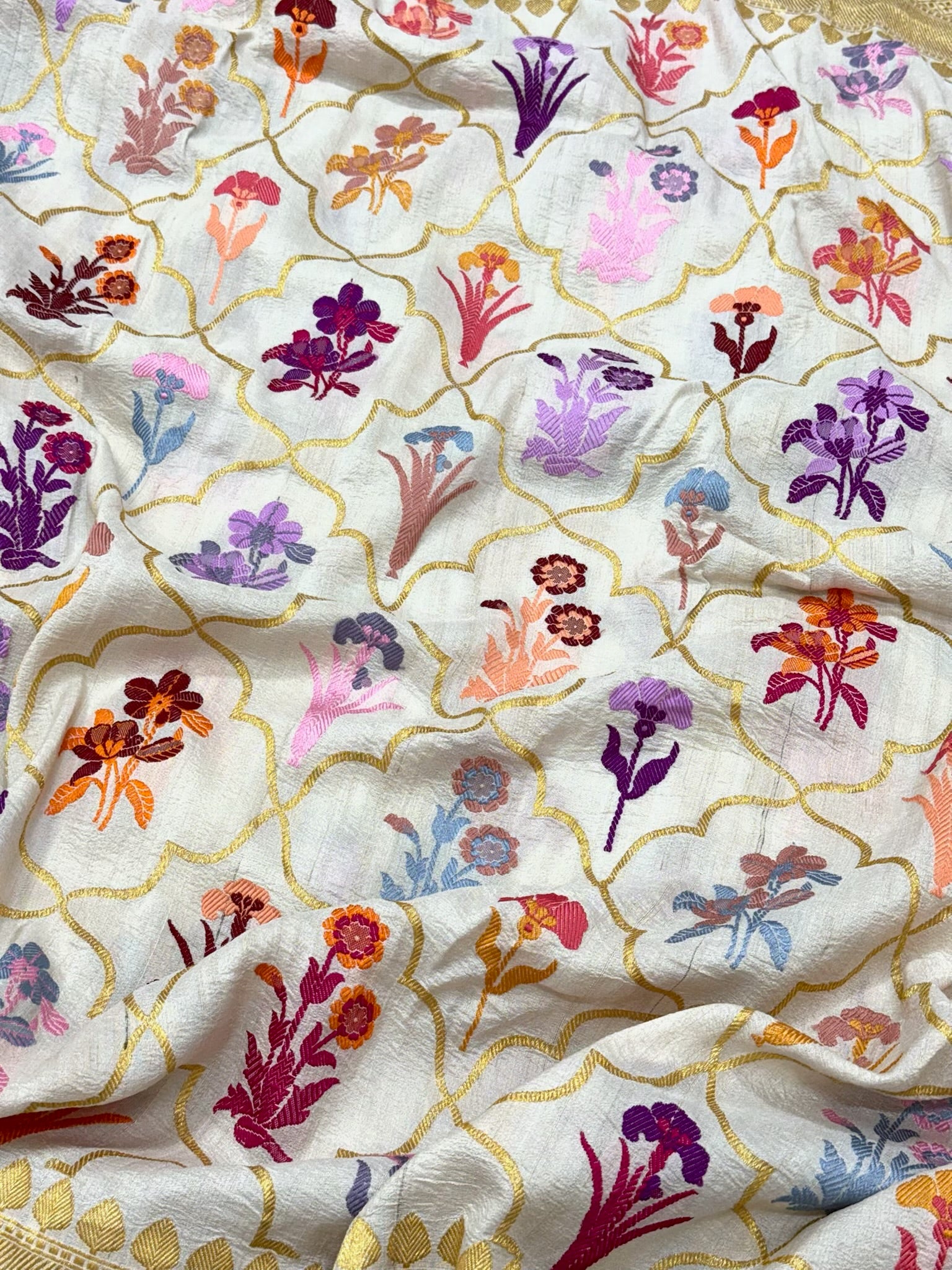 Ivory Pure Tussar Georgette Silk Kadhwa Technique Handwoven Banarasi Saree | Modern Banarasi Muse