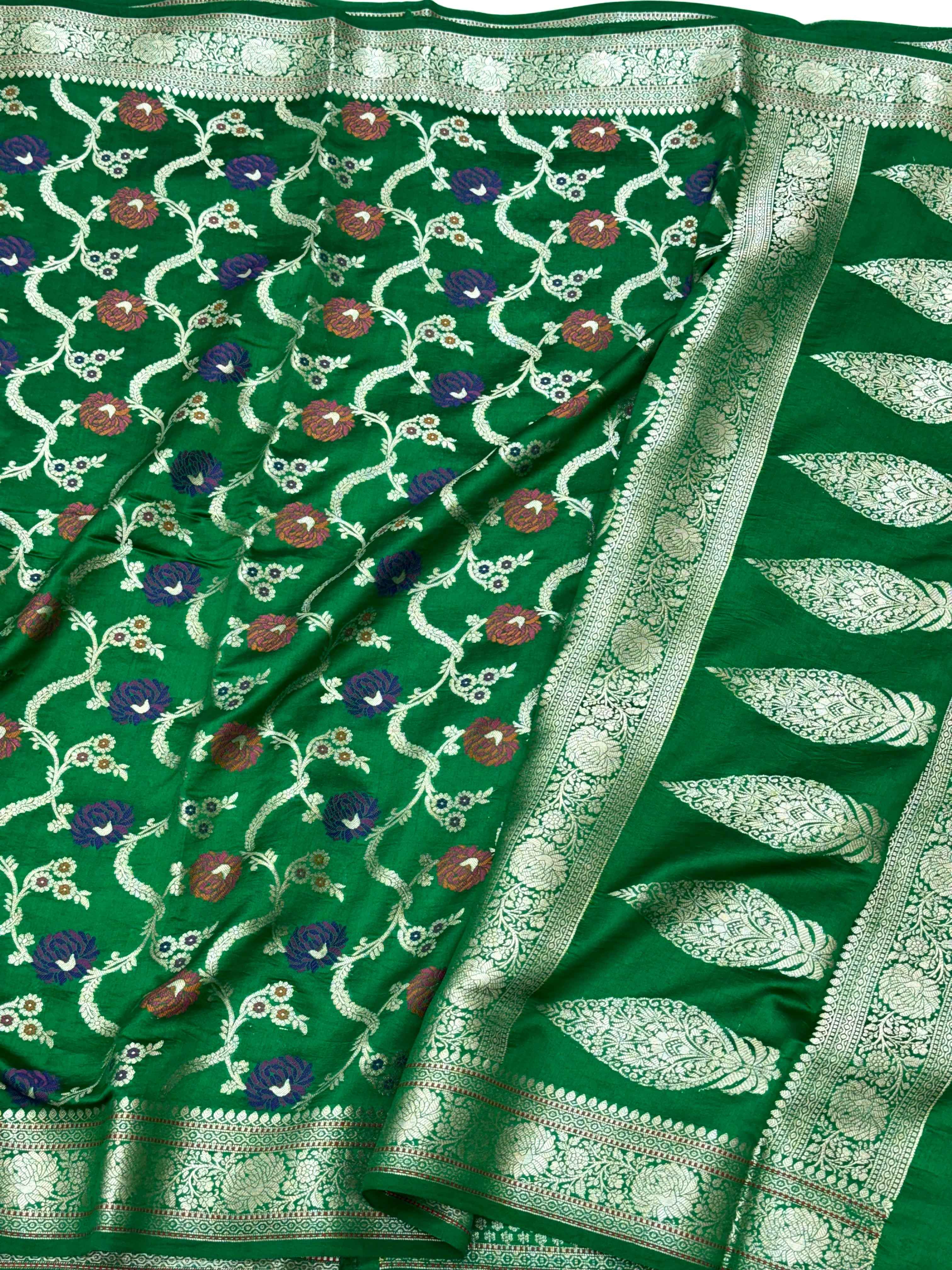 Green Pure Mulberry Chiniya Silk Meenakari Banarasi Saree- Lightweight