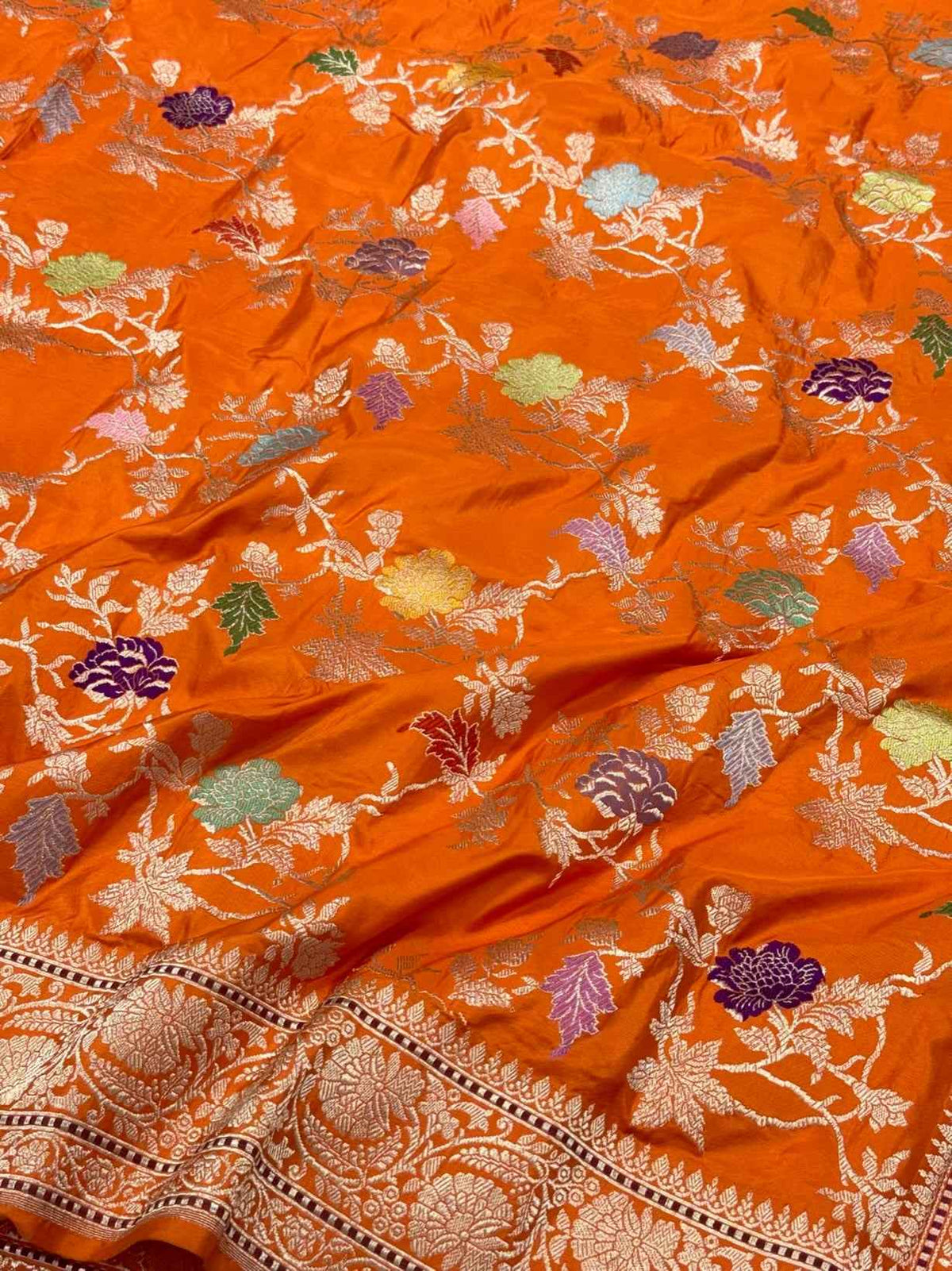 Orange Premium Banarasi Handwoven | Kadhwa Technique | Pure Double Katan Mulberry Silk Saree