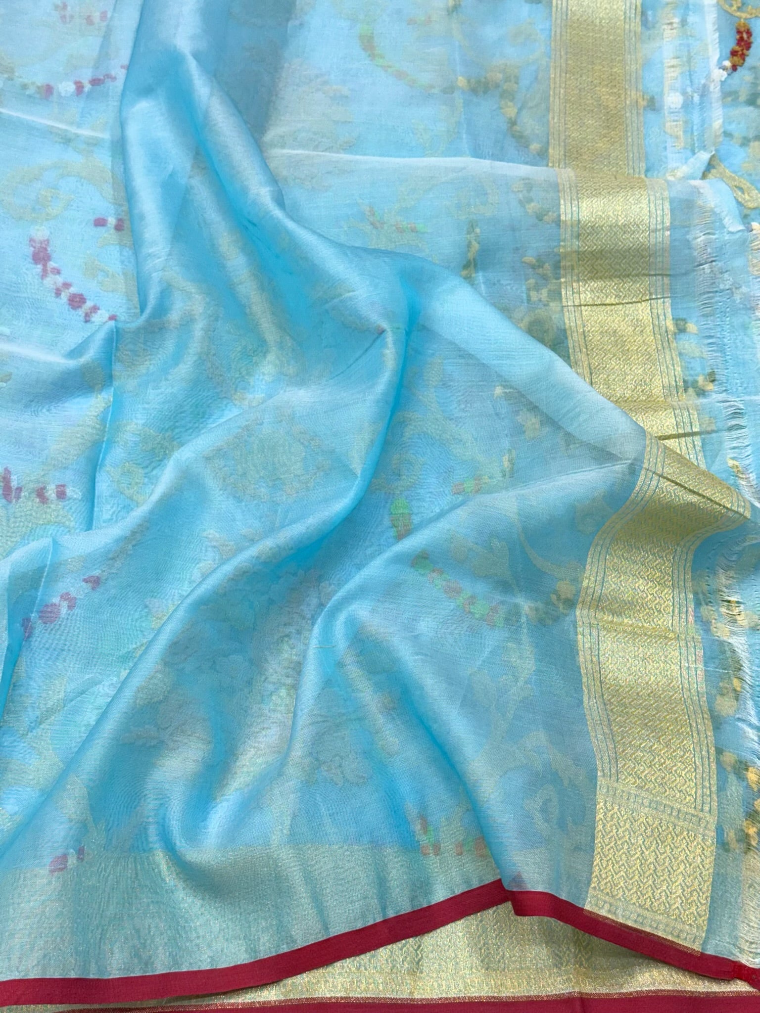 Sky Blue Pure Mulberry Kora Jamdani Handloom Modern Banarasi Lightweight Saree - Ektara Weave