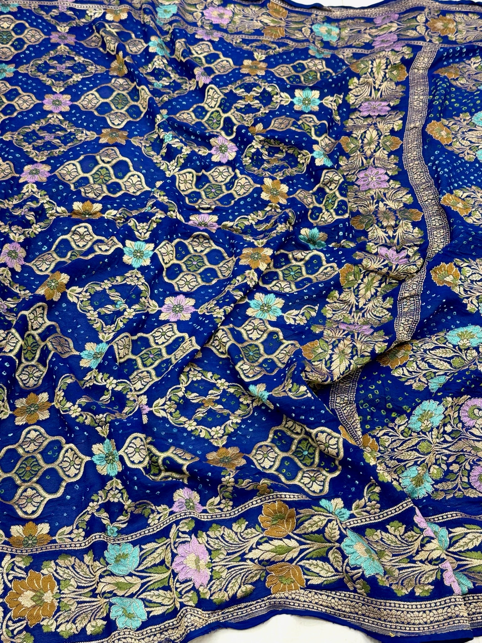 Blue Pure Chiffon Khaddi Georgette Banarasi Bandhej Handwoven Saree