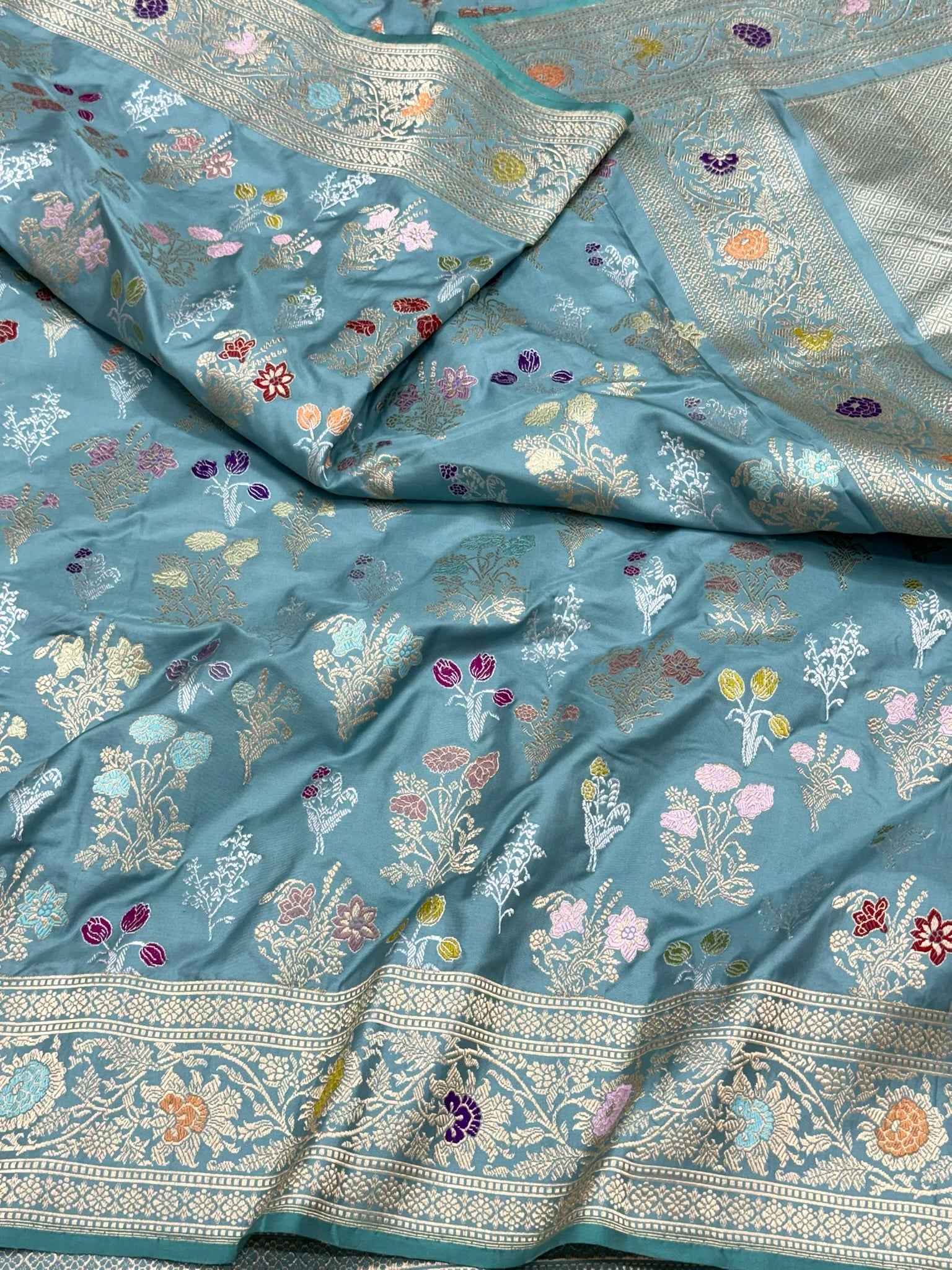 Dusty Teal Green Handwoven Luxury Banarasi Saree - Pure Double Katan Mulberry Silk | Kadhwa Technique | Banarasi Saree