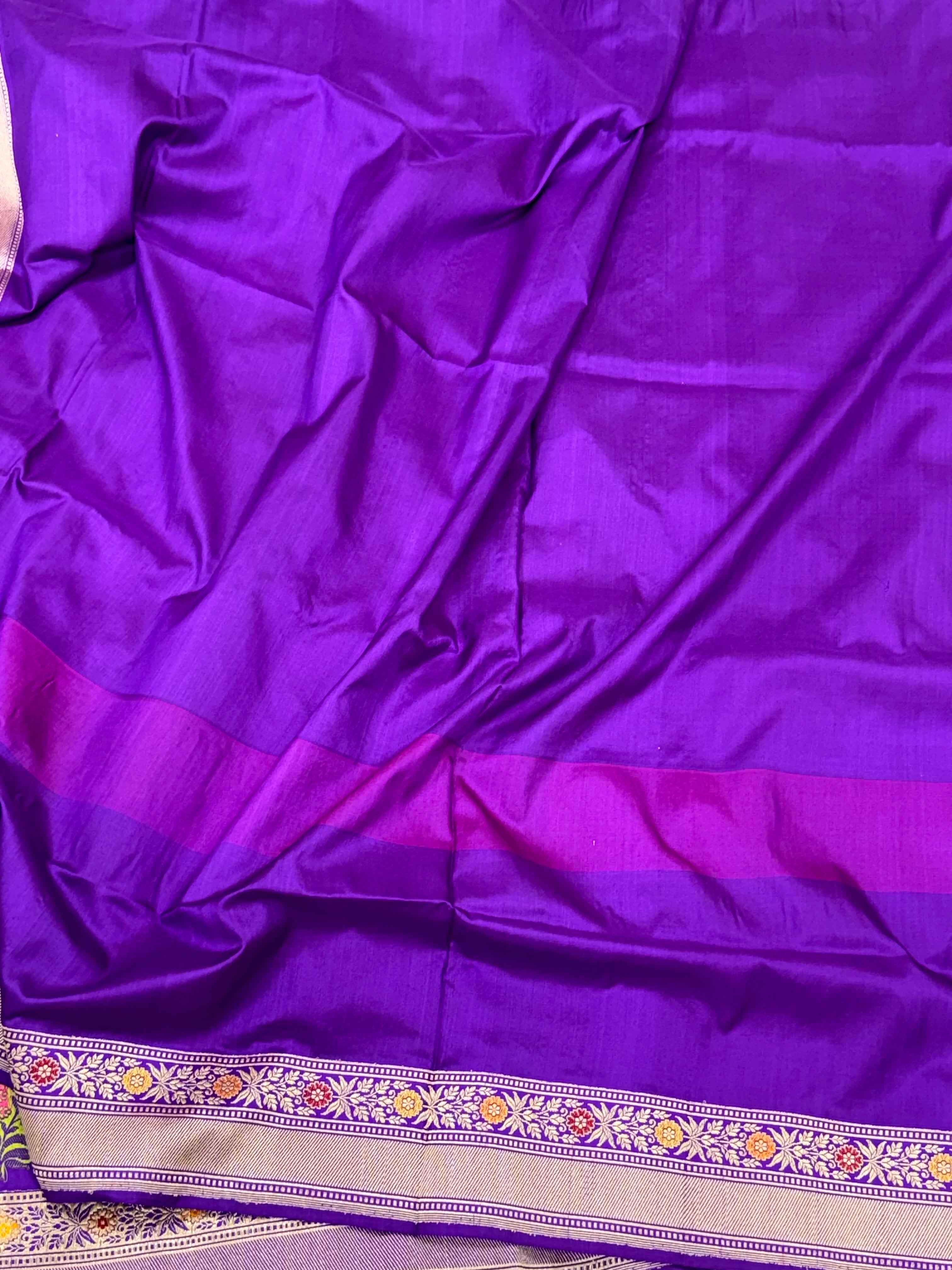 Yellow/Purple Pure Mulberry Katan Silk Handwoven Banarasi Saree - Kadhiyal weave