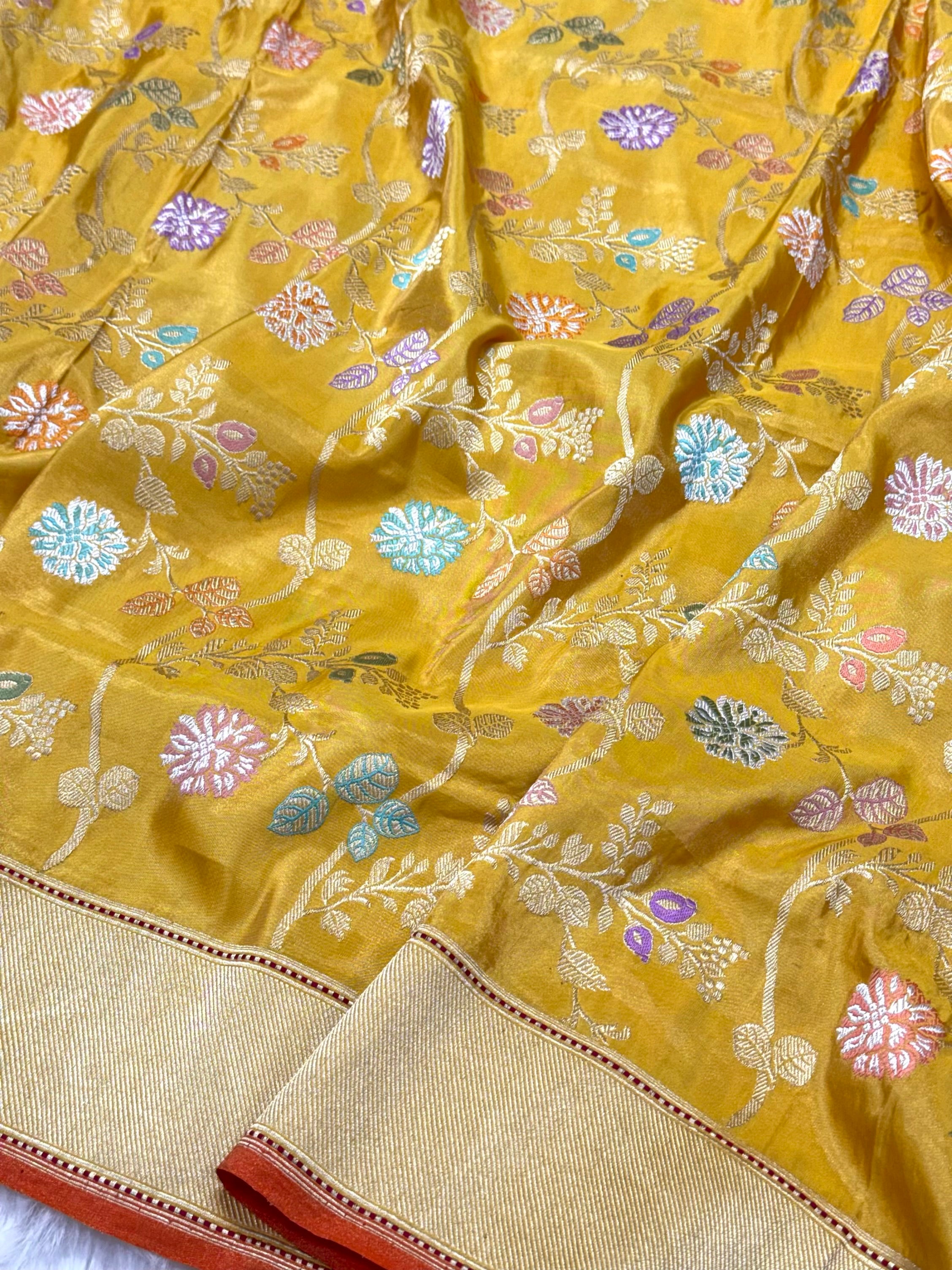 Gold Yellow Pure Double Katan Tissue Silk Handwoven Banarasi Saree