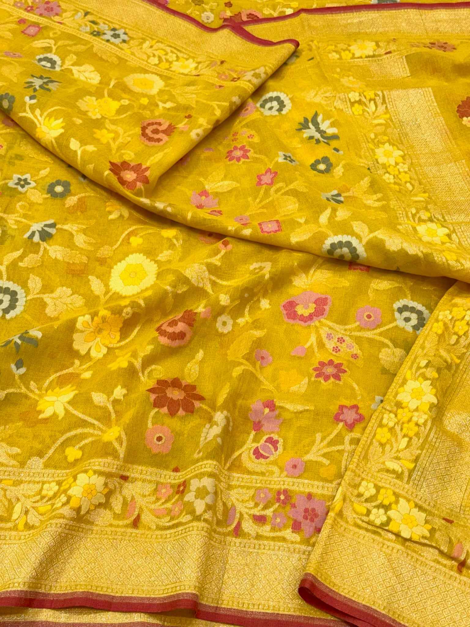 Mustard Yellow Handloom Ektara Banarasi Saree | Pure Muslin Cotton Jamdani Banarasi Saree
