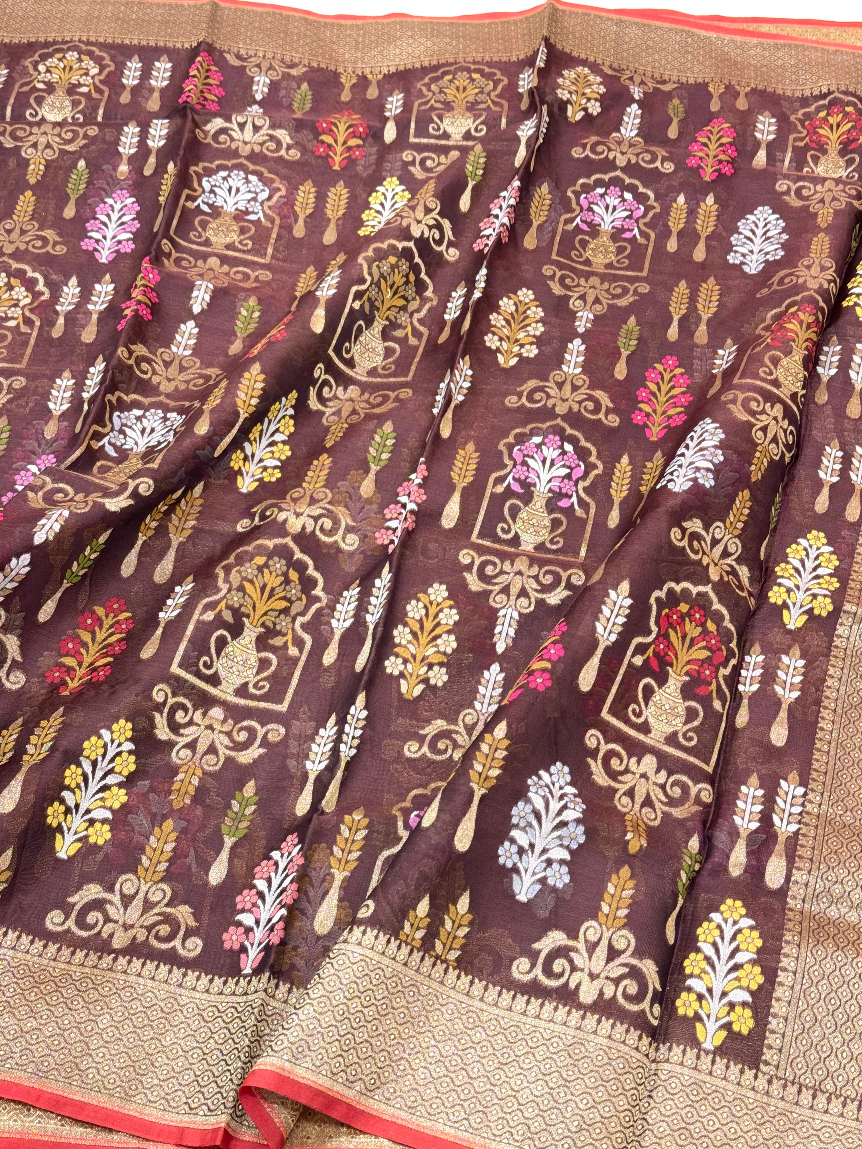 Brown Pure Kora Organza Silk Ektara Handloom Banarasi Dupatta - Jamdani