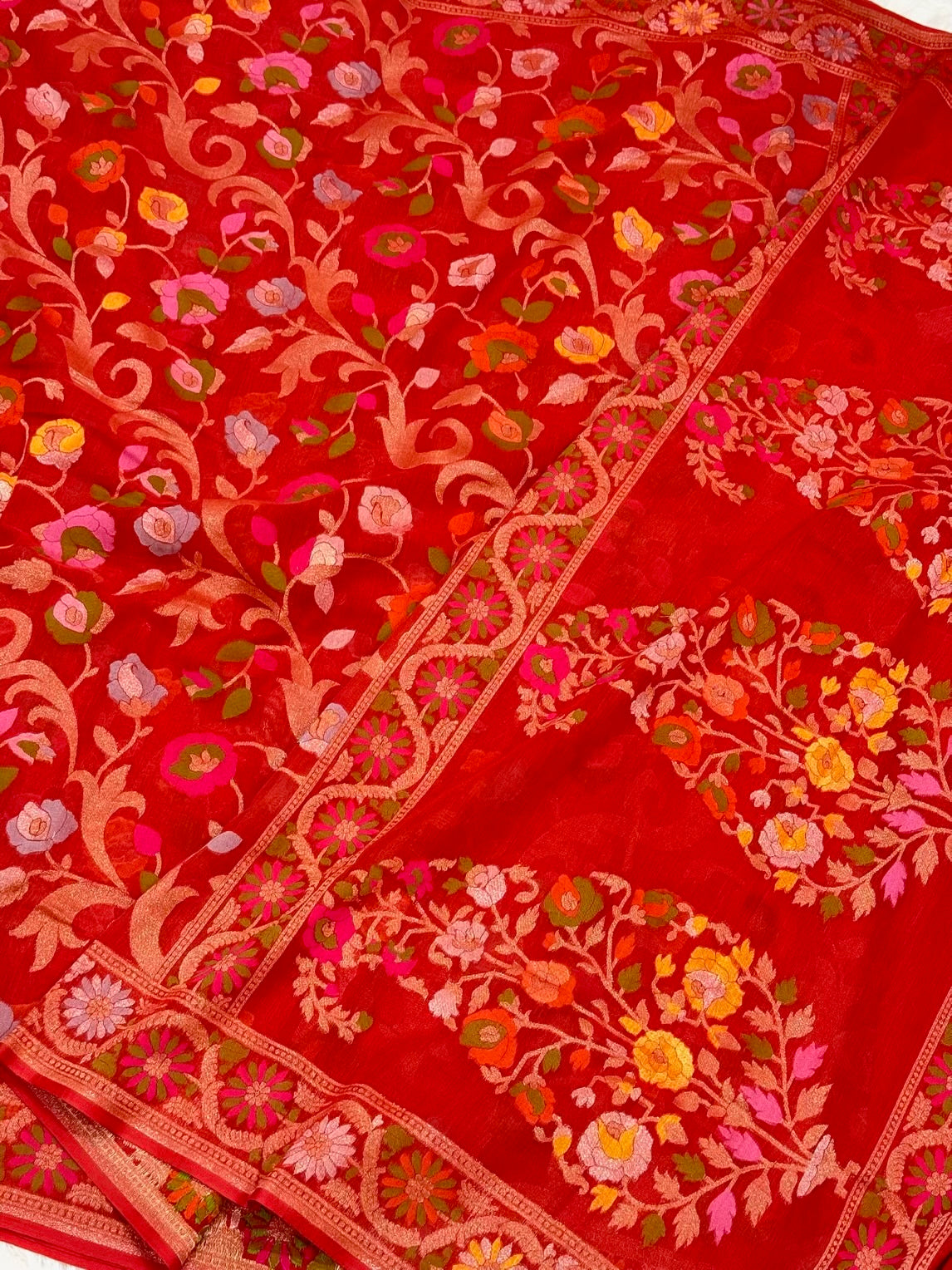 Red Pure Muslin Cotton Jamdani Handloom Banarasi Saree |Ektara Weave|