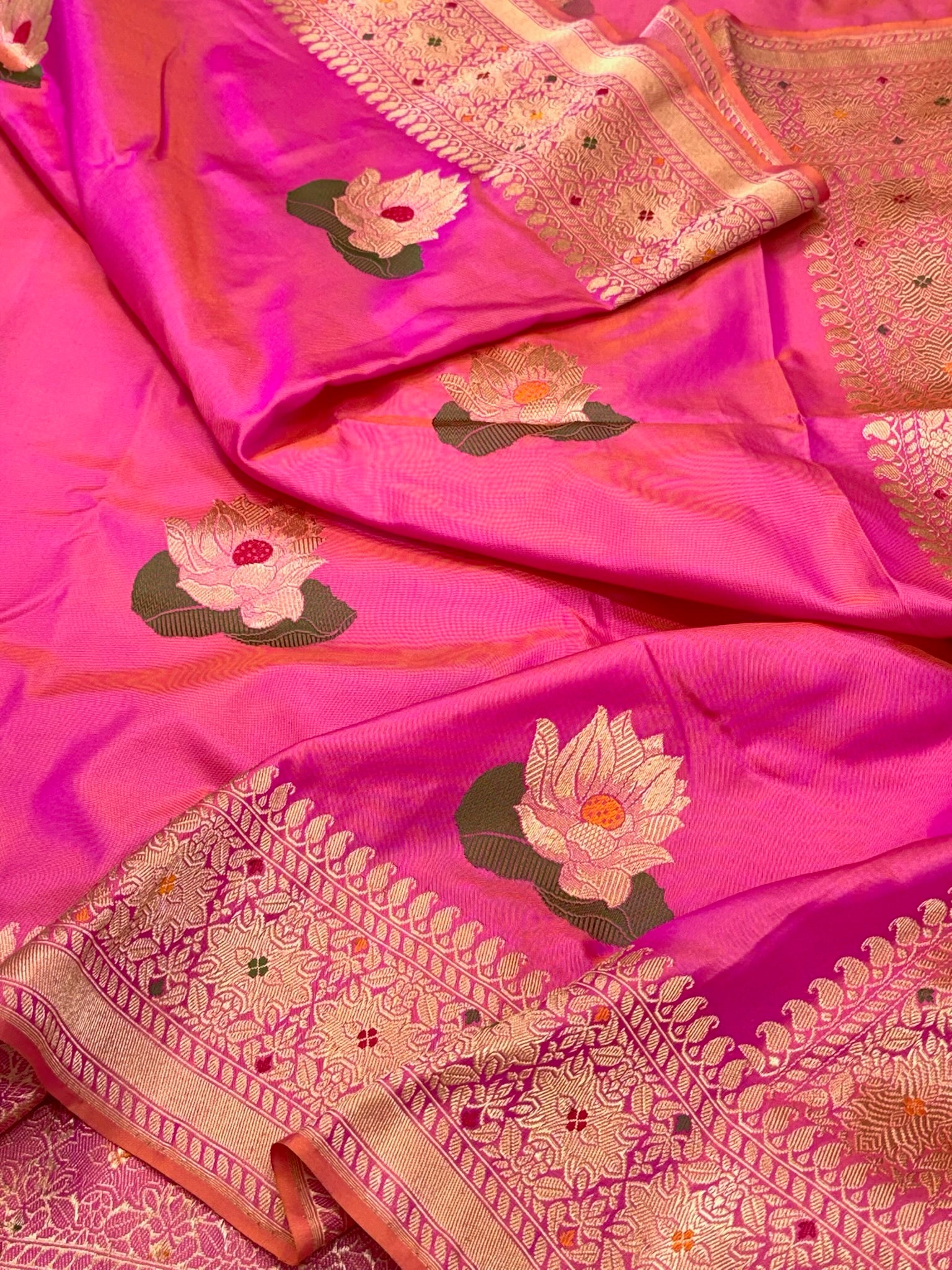 Bright Pink Pure Mulberry Silk Saree With Pure Katan Silk | Kadhwa Technique | Handwoven Authentic Ektara Banarasi Saree
