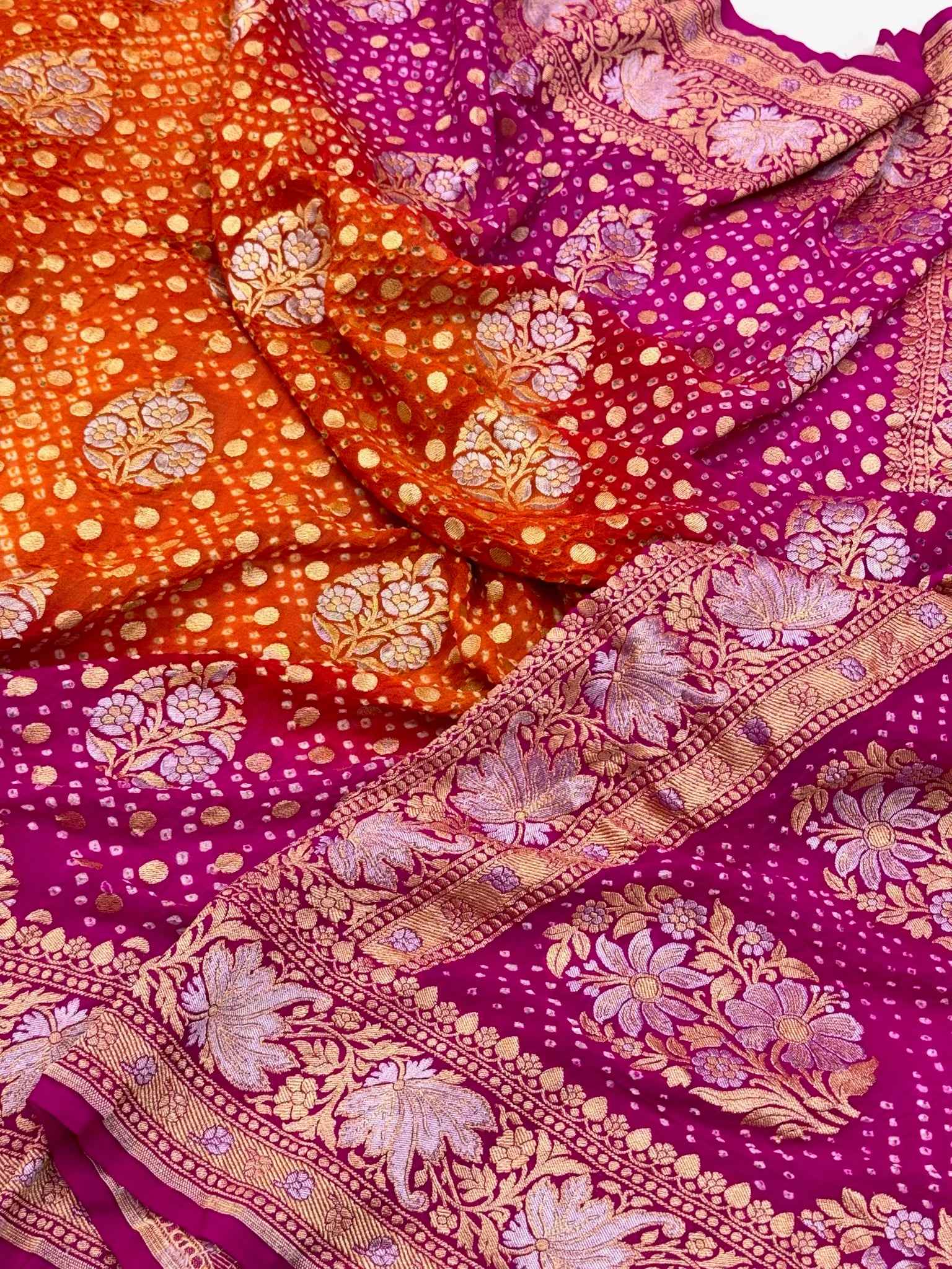 Pink/Orange Pure Chiffon Georgette Soft Drape Lightweight Saree | Handloom Banarasi Bandhej Saree