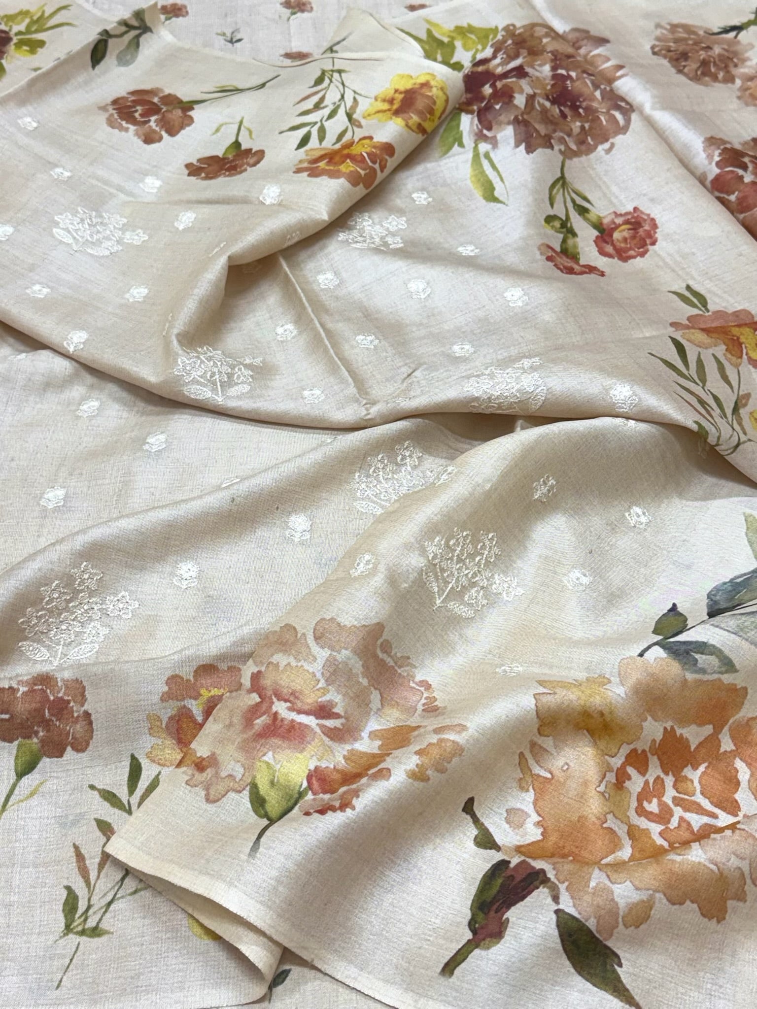 Ivory Pure Tussar Silk Handloom Printed with Embroidery Banarasi Saree - Elegance, Recrafted