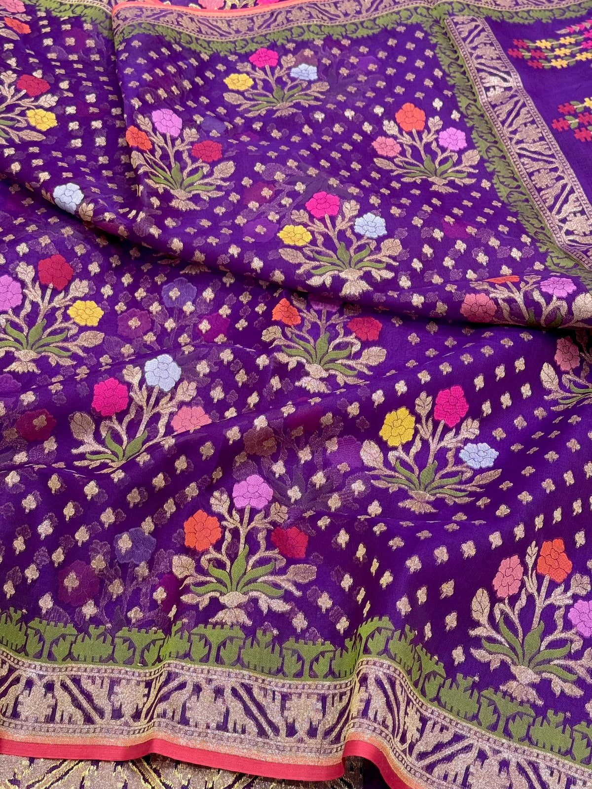 Purple Banarasi Ektara Jamdani Saree | Pure Kora Mulberry Silk Modern Handloom Lightweight Saree