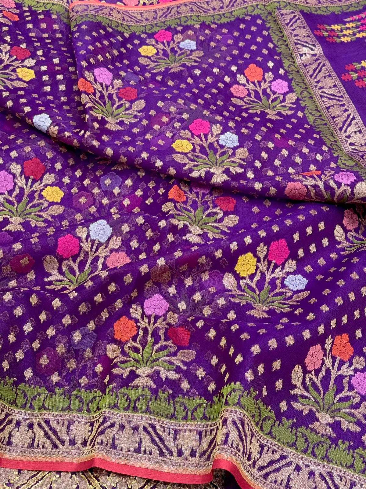 Purple Banarasi Ektara Jamdani Saree | Pure Kora Mulberry Silk Modern Handloom Lightweight Saree