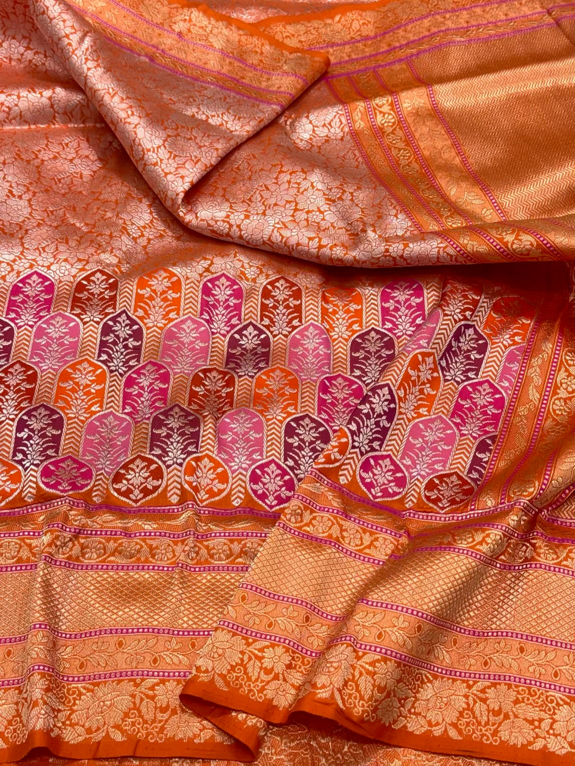Orange Pure Mulberry Katan Silk Handwoven - Kadhwa Techique Modern Banarasi Brocade Saree