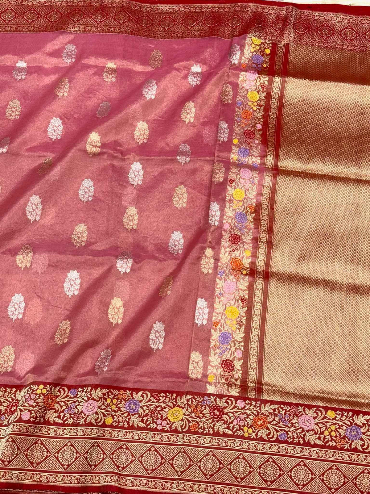 Onion Pink Pure Kora Tissue Silk Handwoven Banarasi Silk Saree | Katan Silk Border & Blouse
