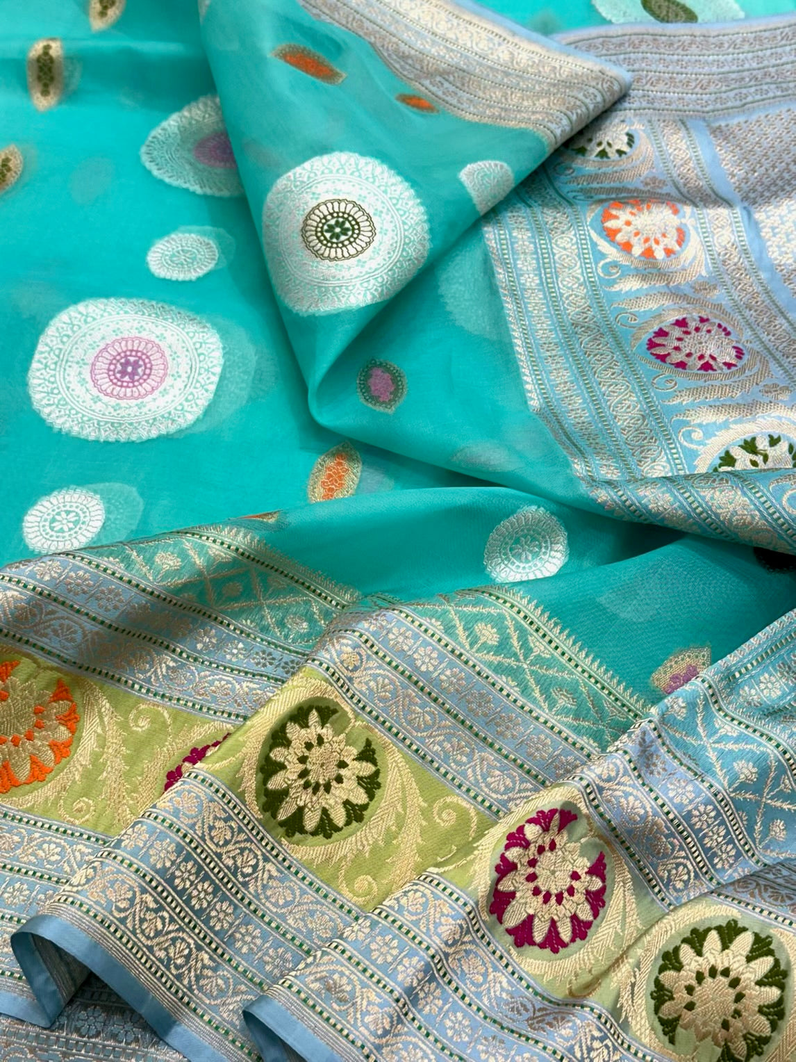 Aqua Green Pure Mulberry Kora Silk Handwoven Banarasi Saree