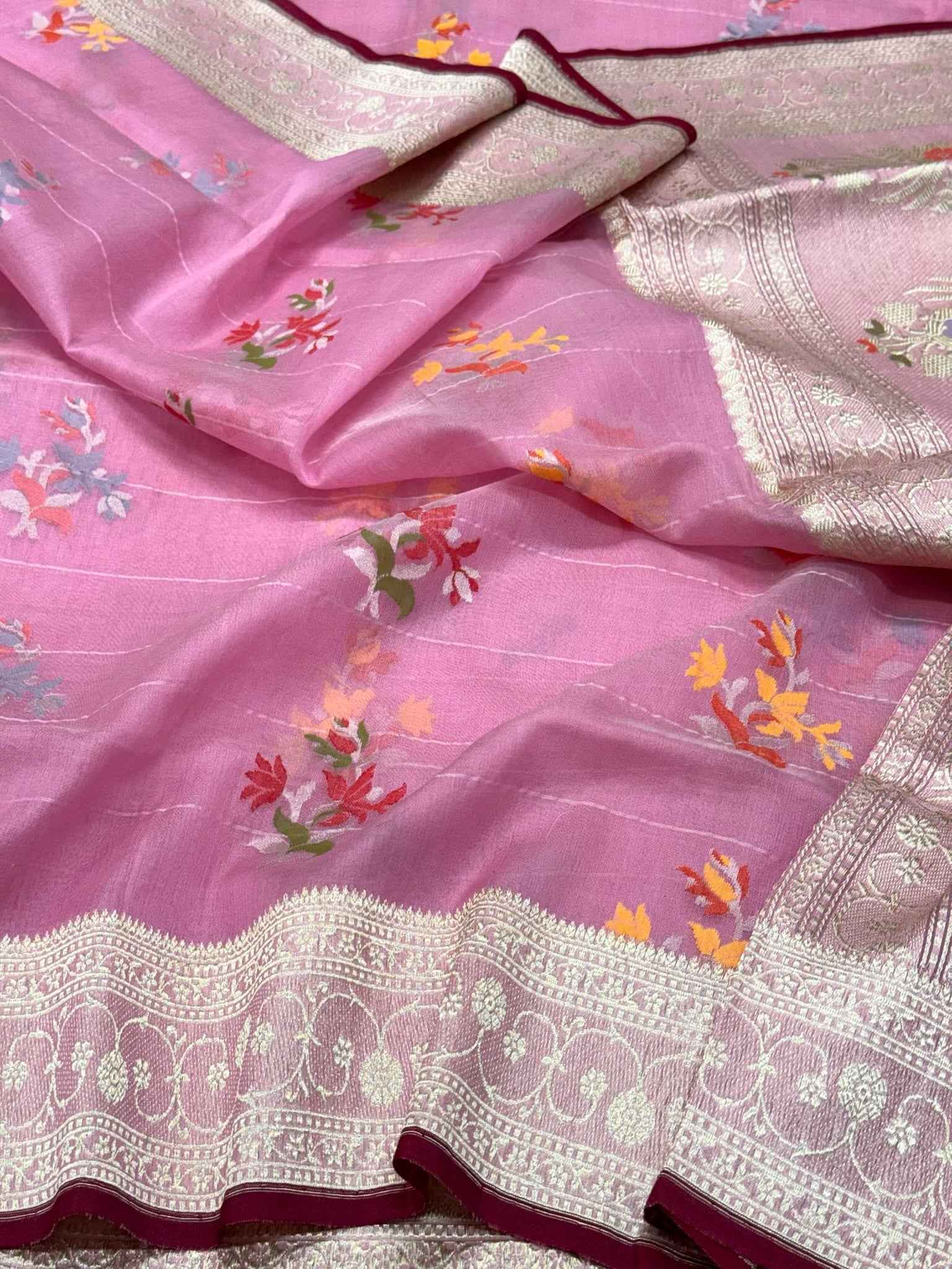 Candy Pink Pure Kora Mulberry Silk Handloom Banarasi Saree - Ektara Jamdani Banarasi Saree