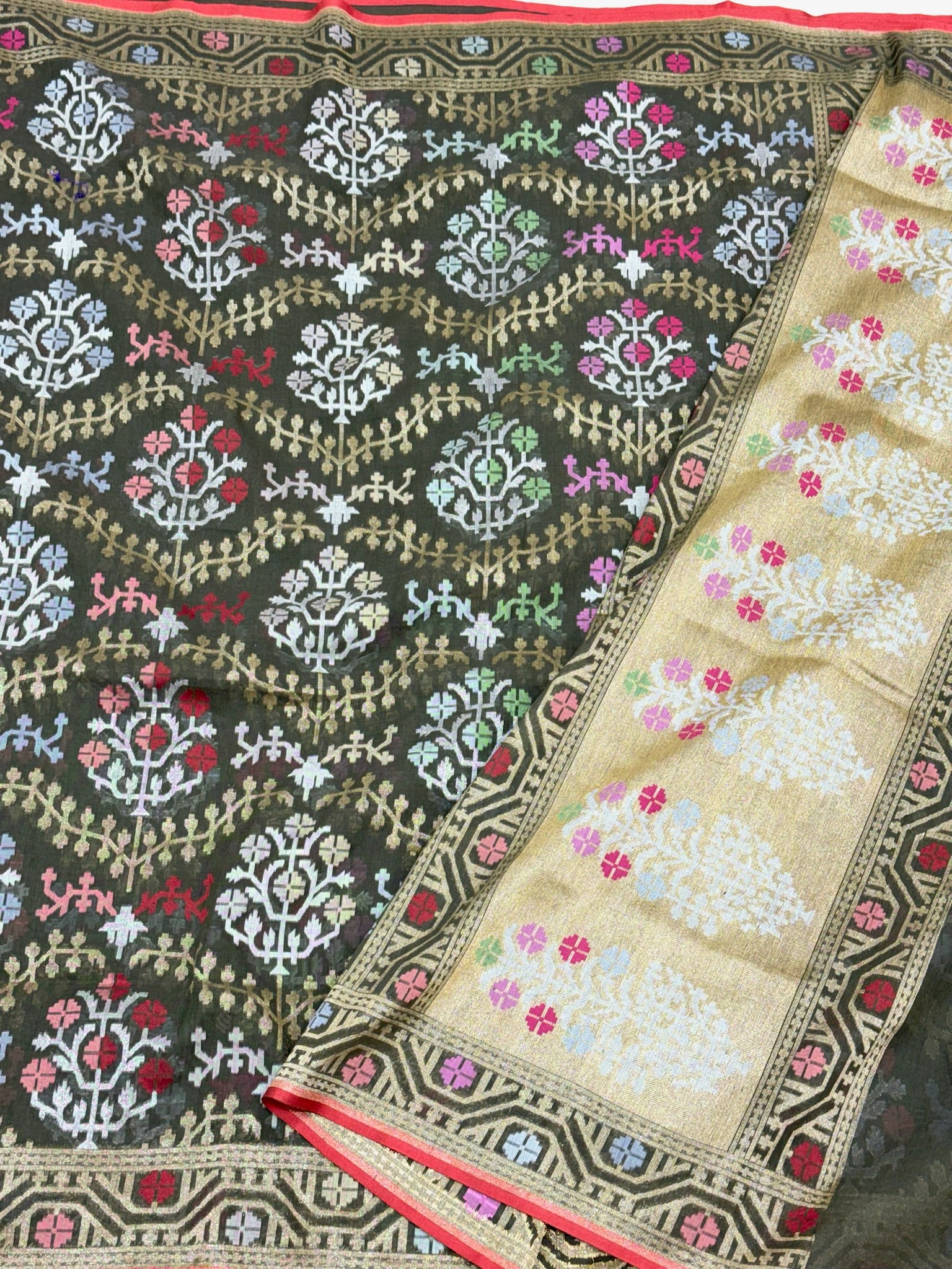 Moss Green Muslin Cotton Jamdani Ektara Weave Handloom Banarasi Saree