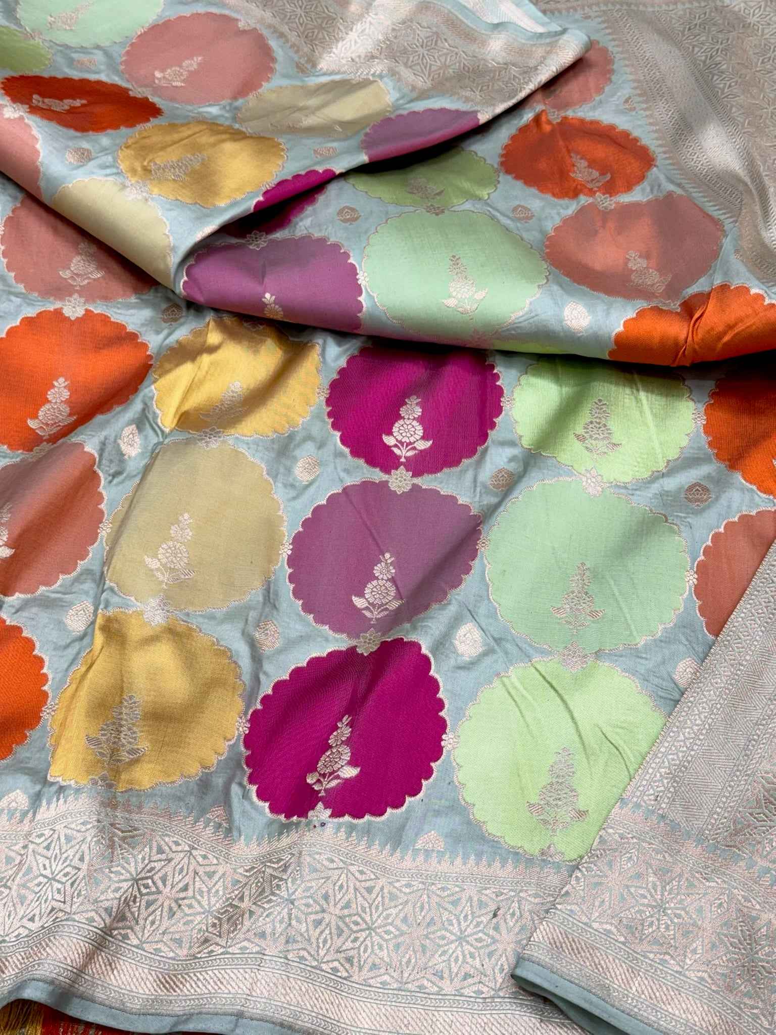 Mint Green Pure Mulberry Katan Silk Handloom Banarasi Rangkaat Saree