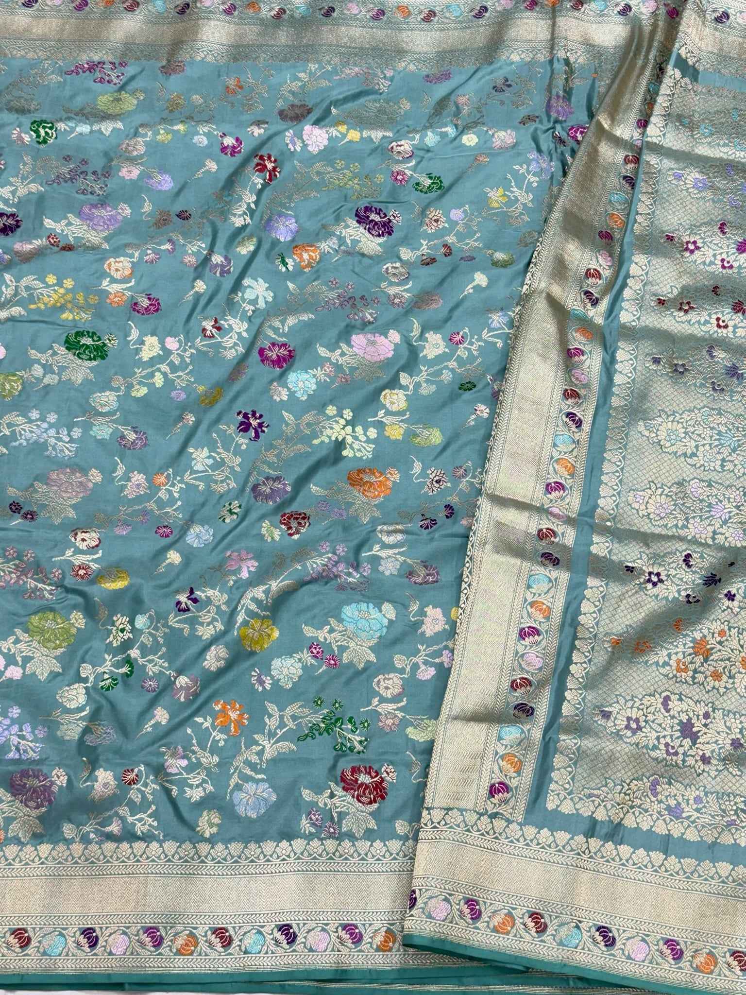 Dusty Aqua Blue Luxury Banarasi Saree | Pure Mulberry Silk & Pure Double Katan Silk - Kadhwa Banarasi Saree