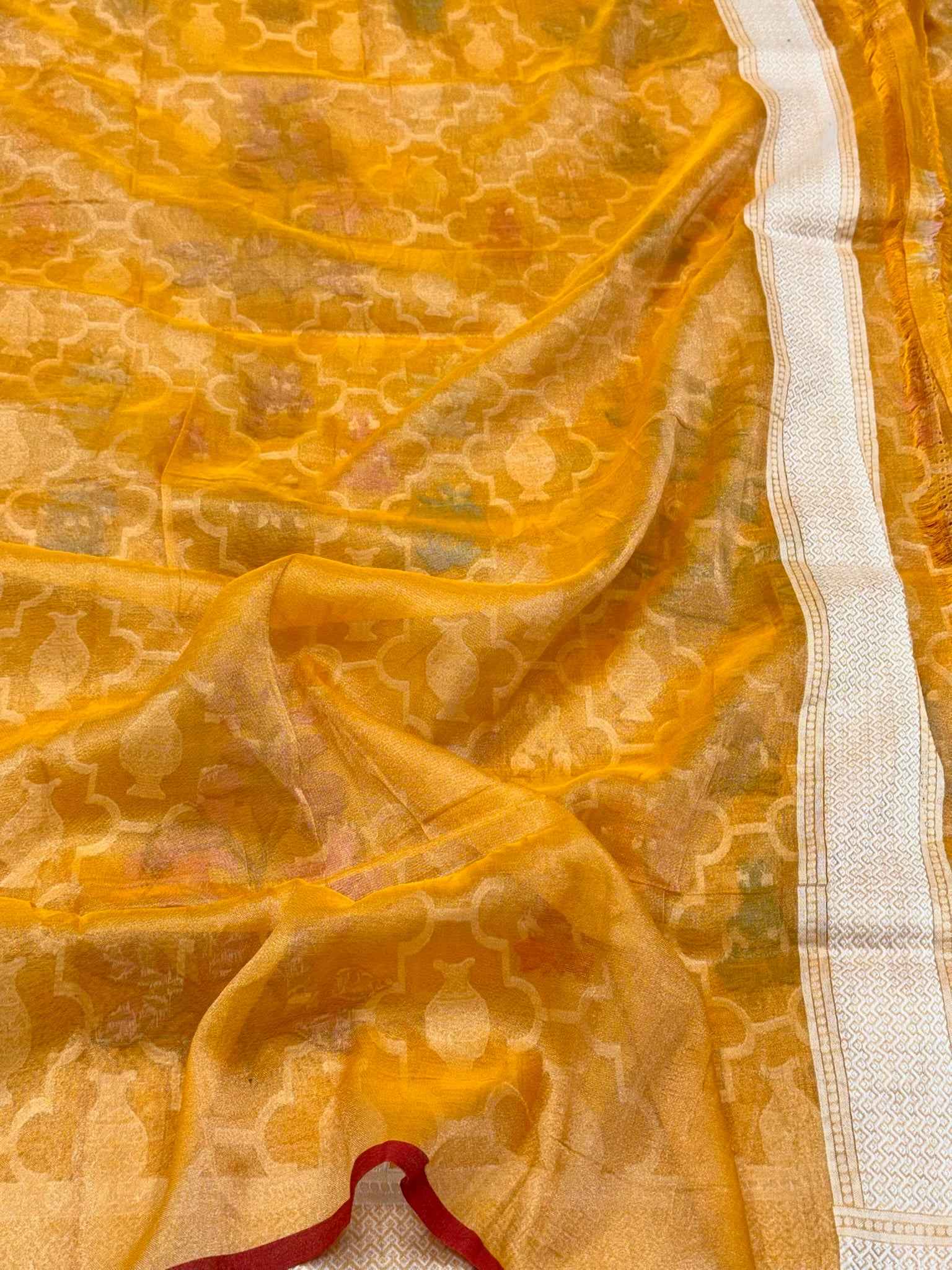 Mustard Yellow Pure Muslin Cotton & Tissue Jamdani | Ektara Weave | Handloom Banarasi Saree