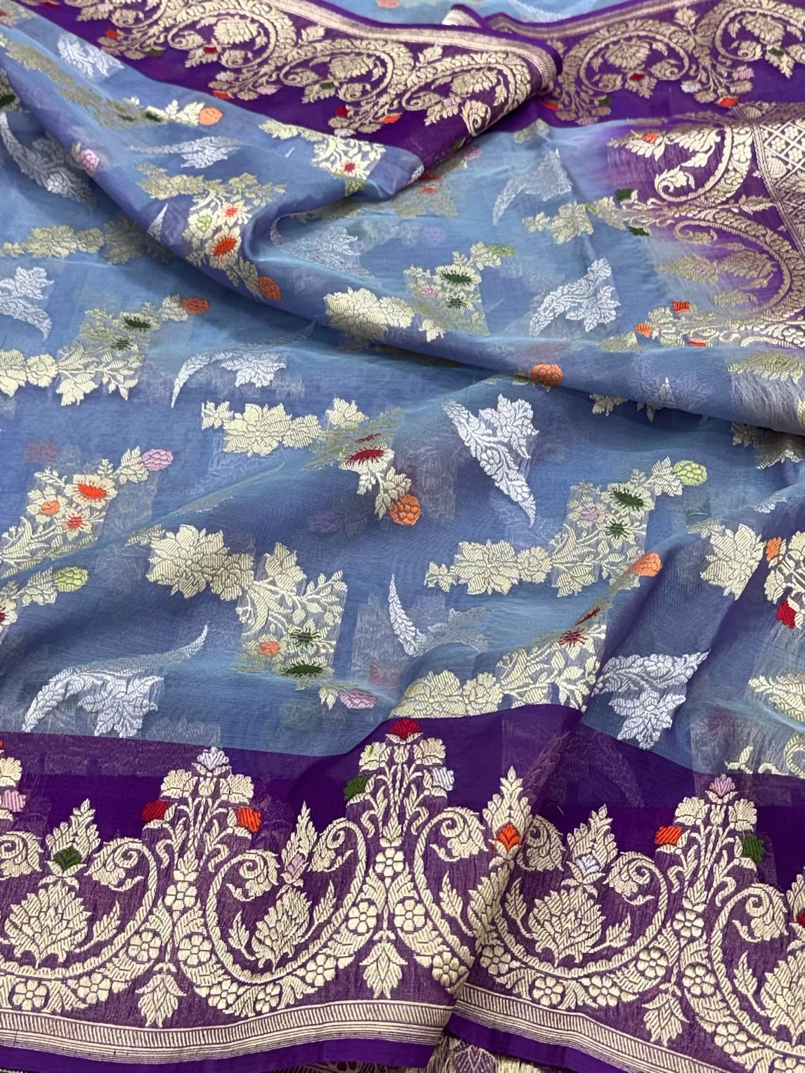 Blue Pure Kora Banarasi Silk Saree | Pure Mulberry Silk Handwoven Banarasi Saree - Kadhwa Weave
