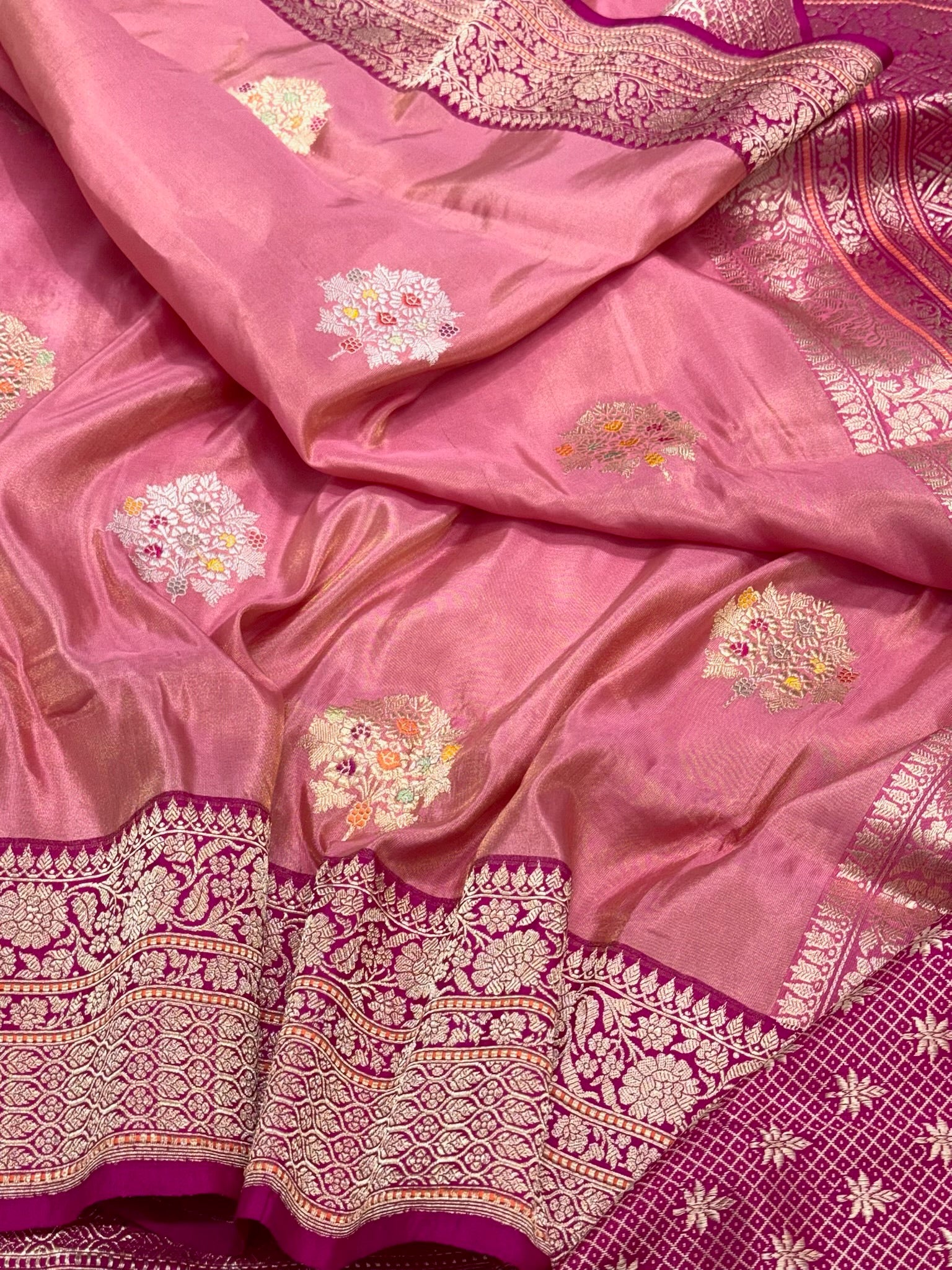 Onion Pink Pure Katan Tissue Silk | Kadhwa + Kadhiyal Technique | Handwoven Banarasi Saree - Drape Yourself In Luxury