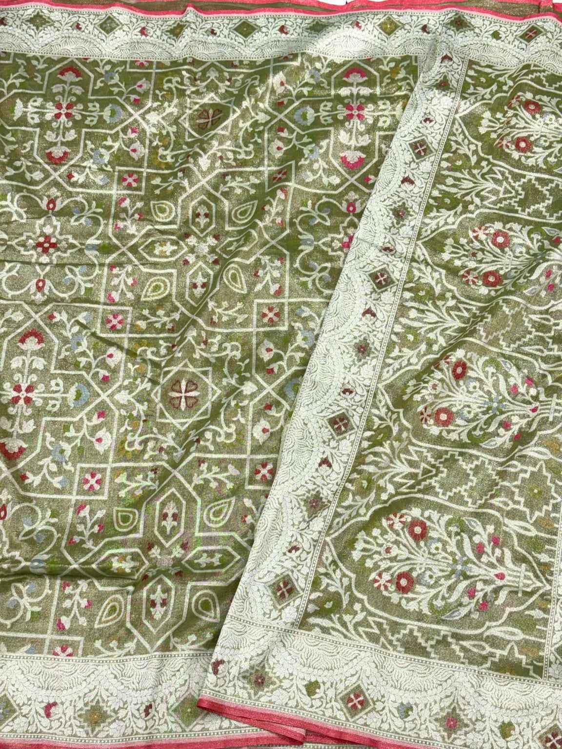 Mehendi Green Pure Muslin Cotton Saree |Ektara Jamdani Handloom Banarasi Saree