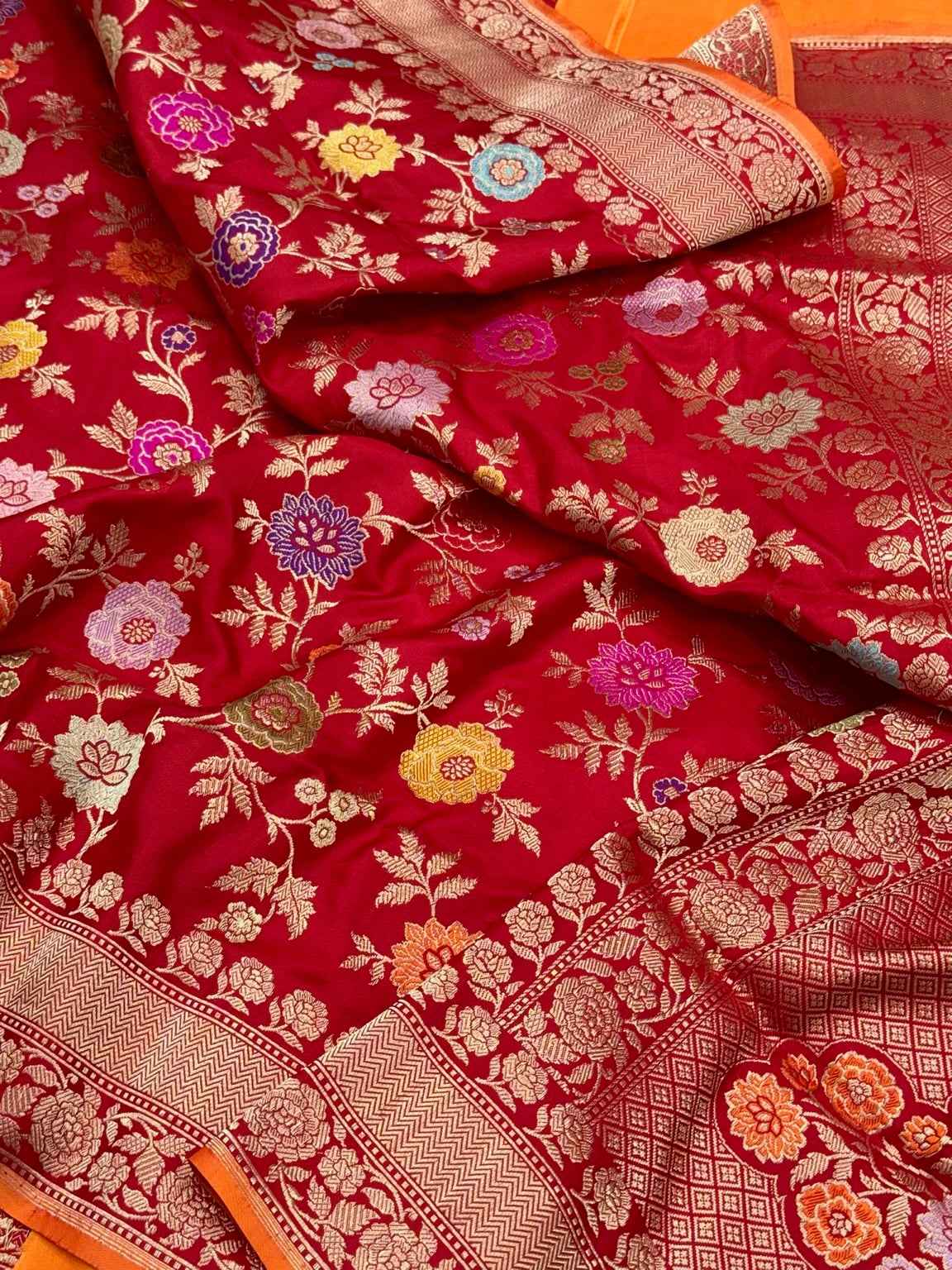 Red Pure Katan Silk & Pure Mulberry Silk Authentic Premium Banarasi Saree - Kadhwa Technique