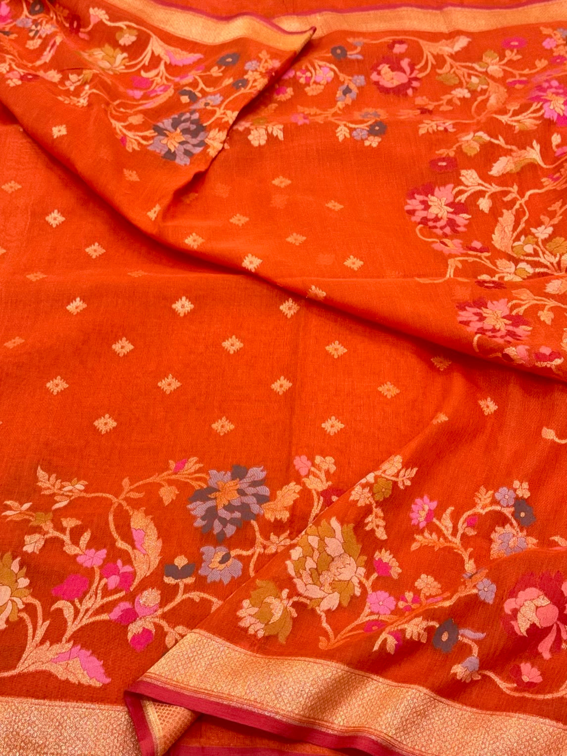 Orange Muslin Cotton Jamdani Ektara Weave Handloom Banarasi Saree