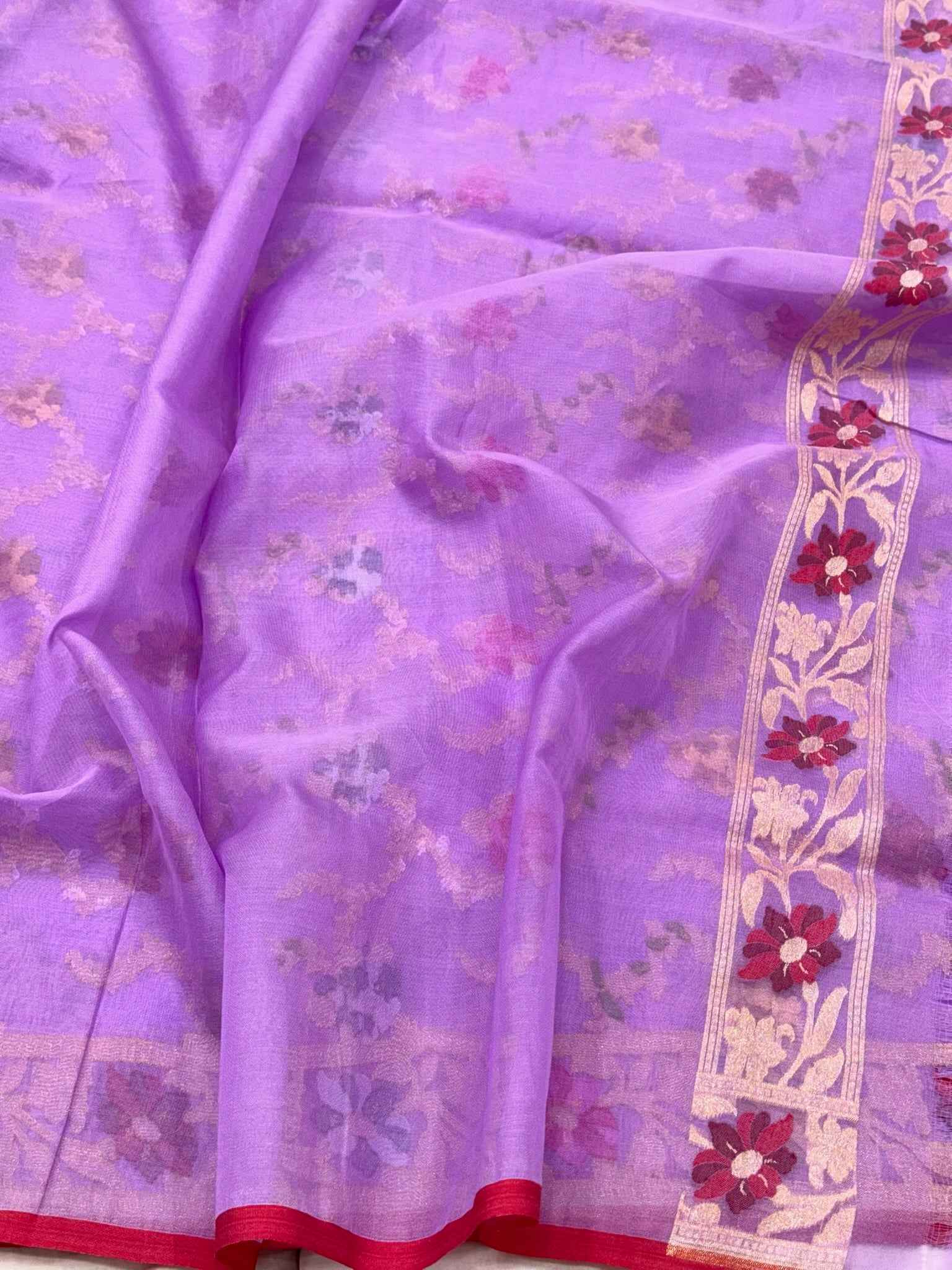 Lavender Pure Mulberry Kora Silk Handloom Jamdani | Ektara Weave | Banarasi Saree