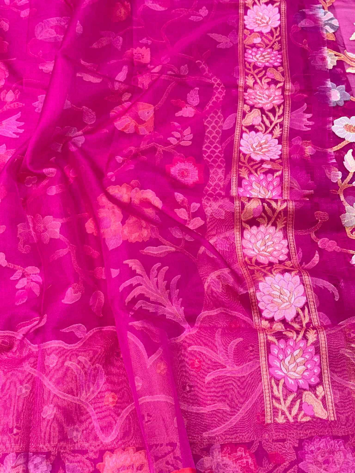 Hot Pink Pure Mulberry Kora Silk Ektara Jamdani Handloom Contemporary Banarasi Saree | Timeless Banarasi Elegance
