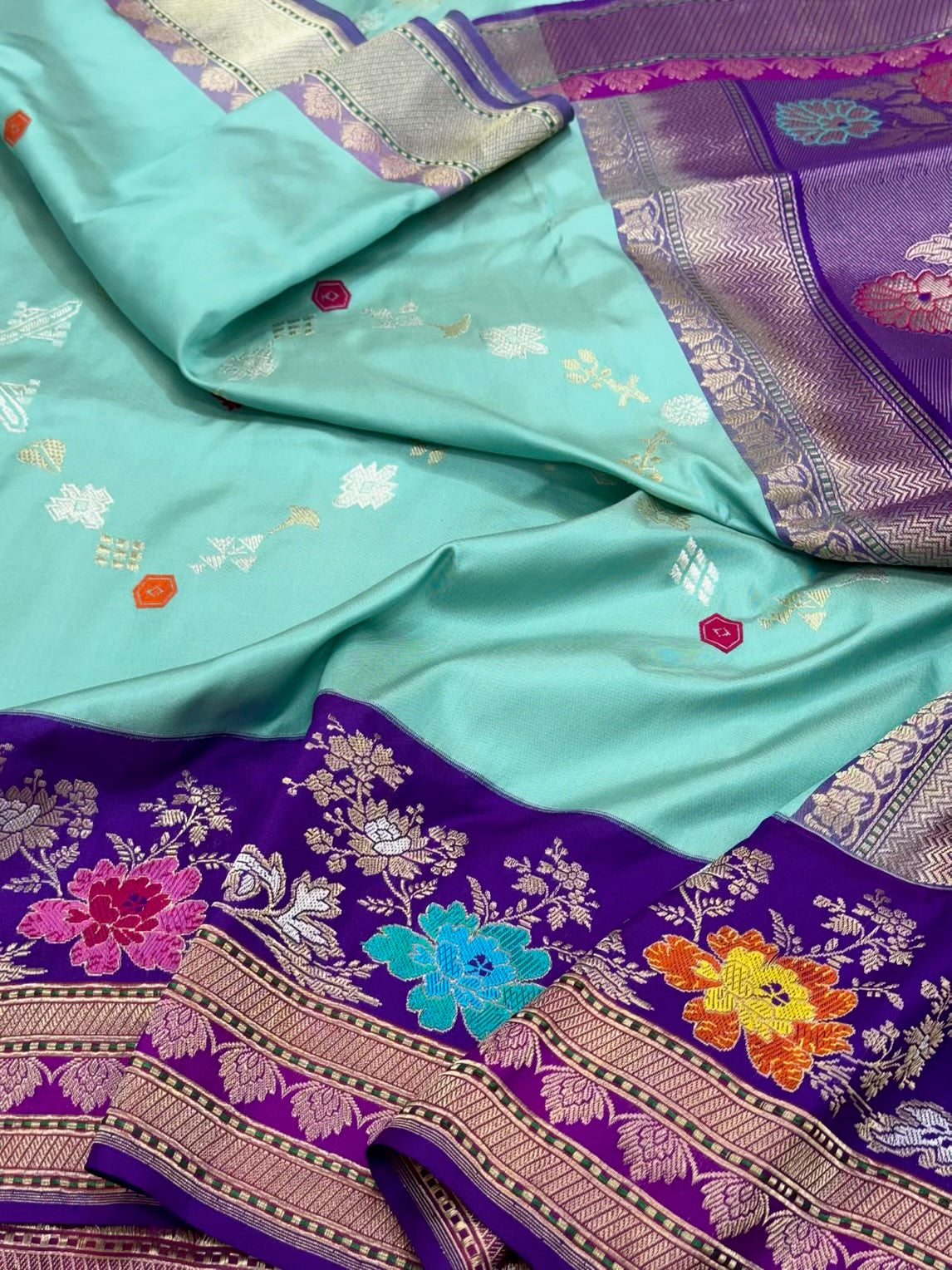 Aqua Green/Purple Pure Katan Mulberry Silk Handwoven Ektara Banarasi Silk Saree