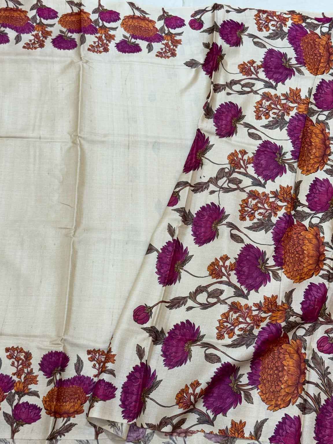 Ivory Pure Tussar Silk Handloom Printed Banarasi Saree - Soft Lightweight Banarasi Saree
