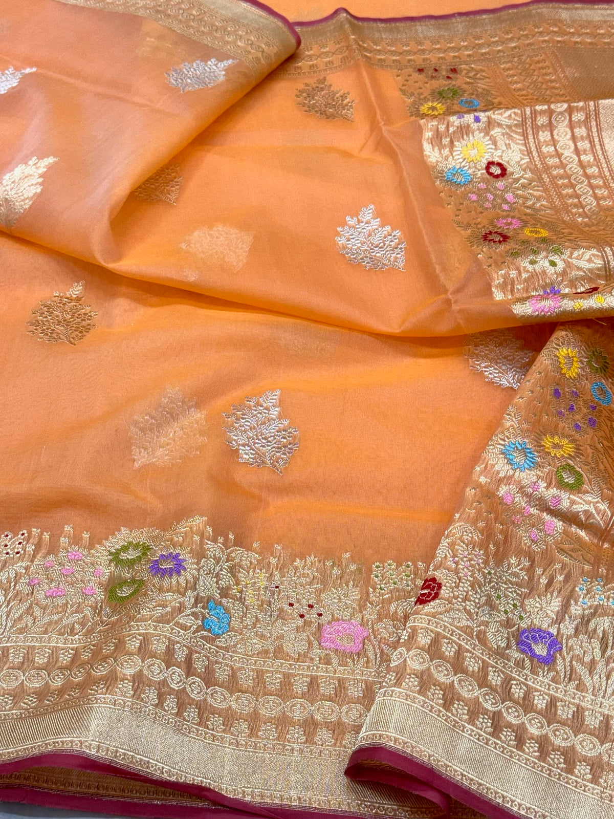 Orange Authentic Banarasi Saree - Pure Kora Mulberry Silk | Kadhwa Technique | Handwoven Timeless Banarasi Saree