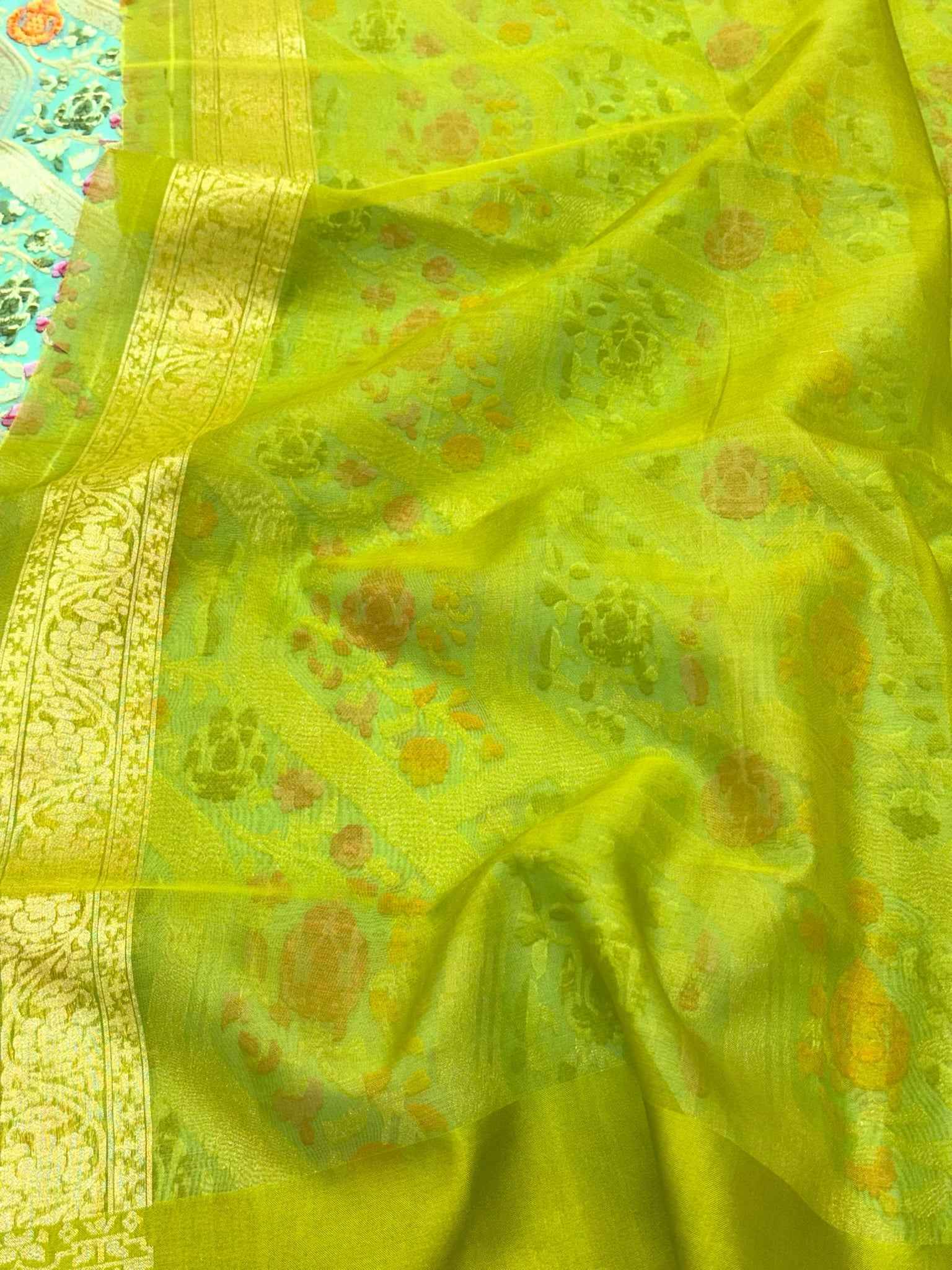 Sea Green Pure Kora Mulberry Silk Ektara Weave Jamdani Handloom Banarasi Saree