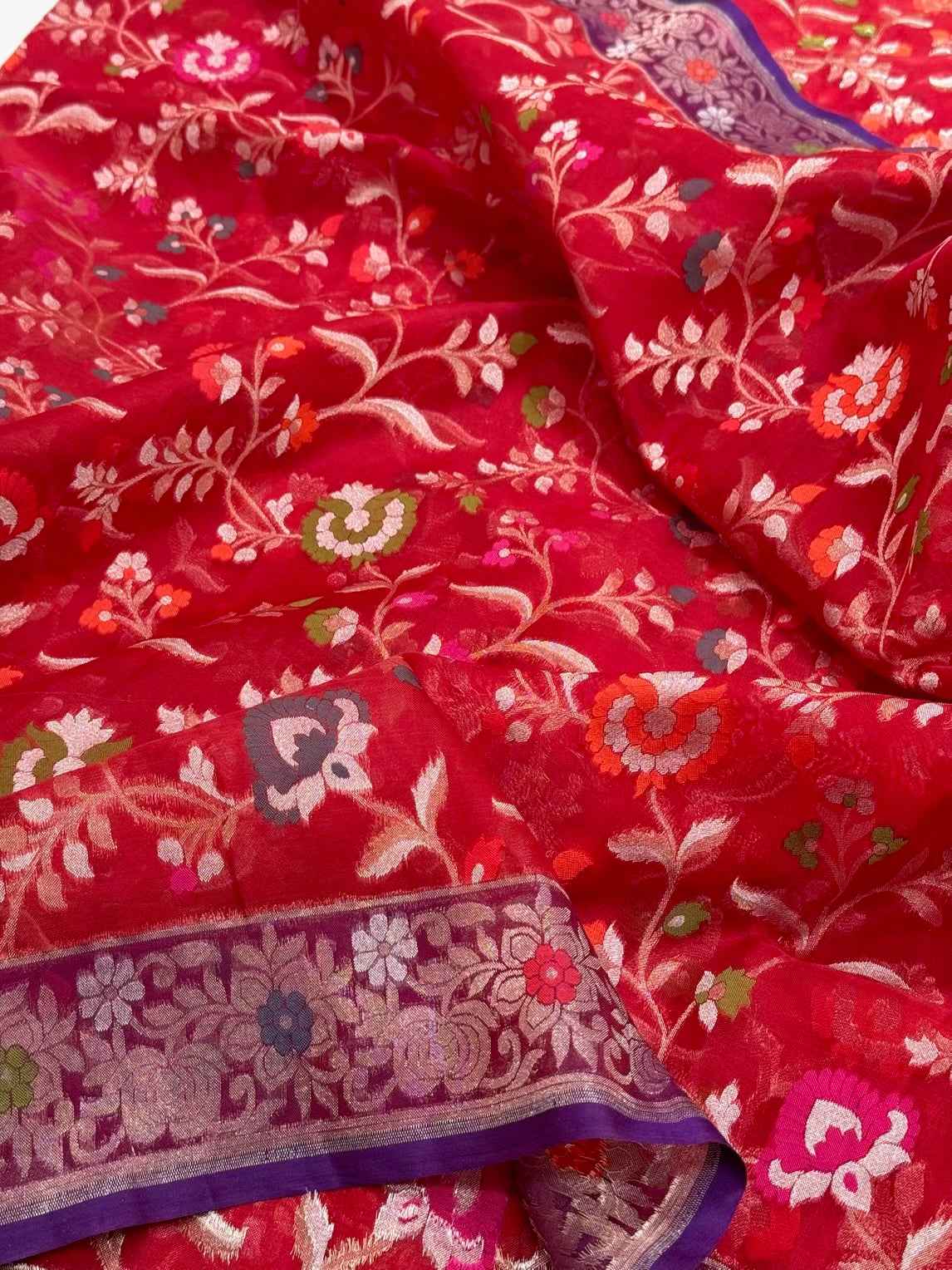 Red Banarasi 100% Pure Kora Silk Saree -Ektara Technique | Pure Handwoven Mulberry Silk Saree