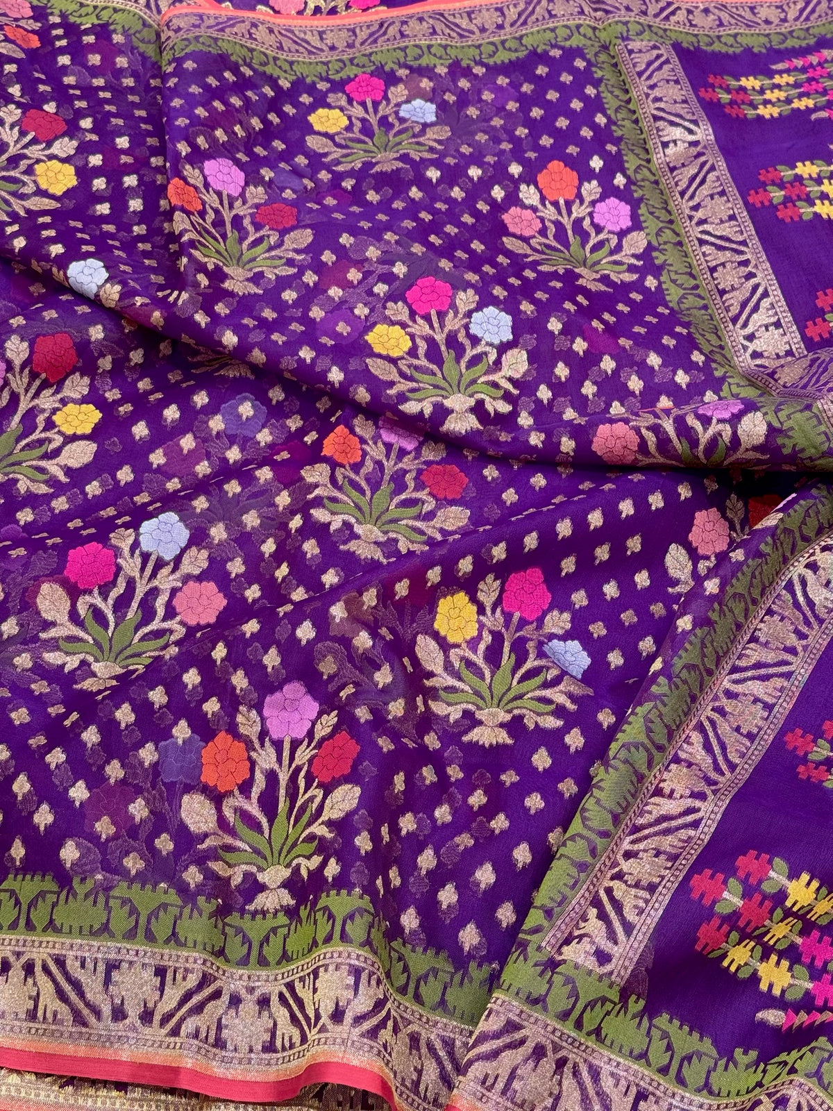 Purple Banarasi Ektara Jamdani Saree | Pure Kora Mulberry Silk Modern Handloom Lightweight Saree