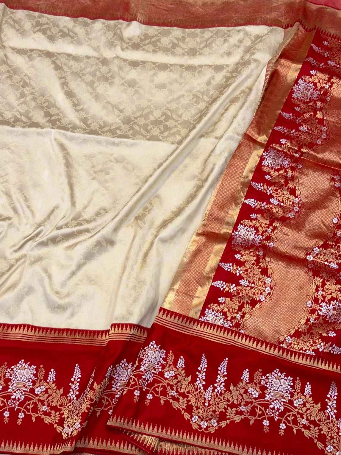 Ivory Pure Katan Silk Saree | Pure Mulberry Silk Handwoven Banarasi Saree