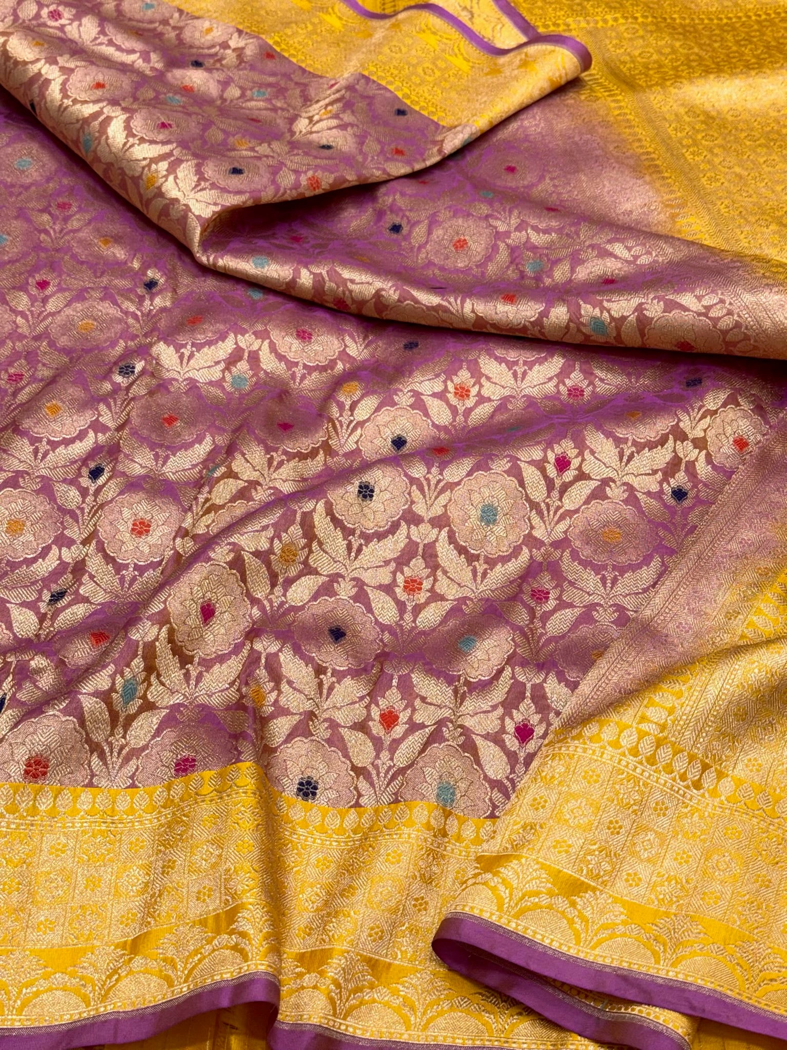 Lilac Pink/Mustard Yellow Pure Katan Mulberry Silk Handloom Banarasi Saree - The Modern Royal