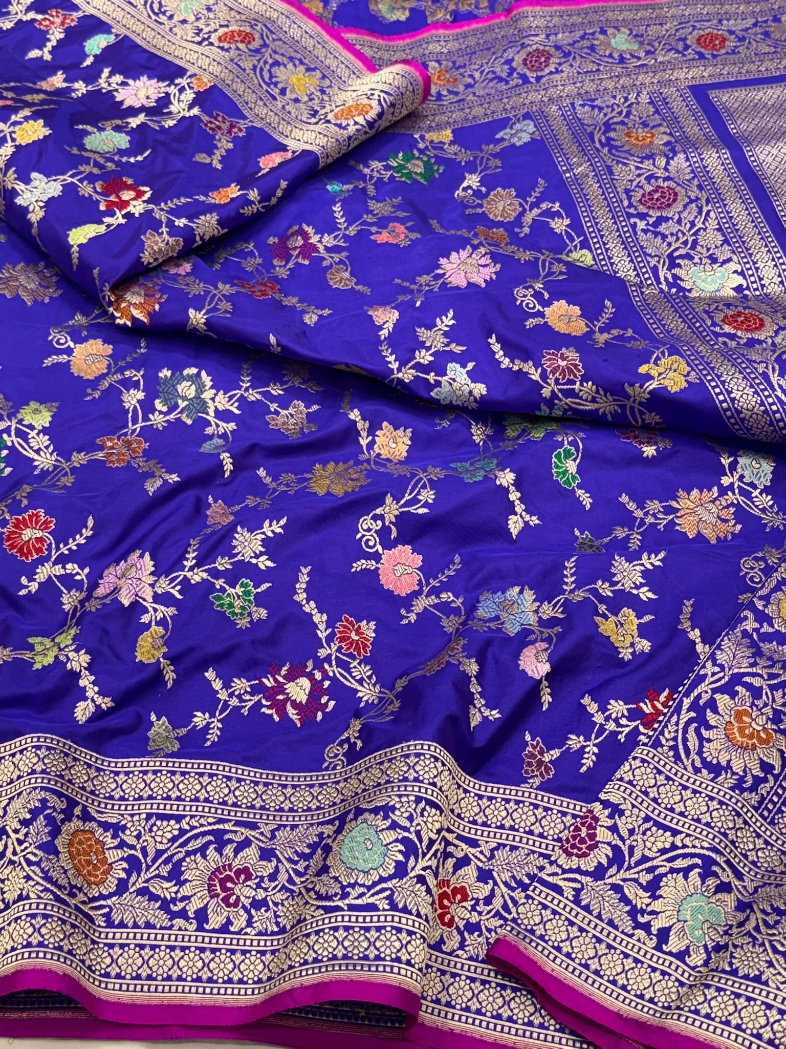 Blue Handwoven Luxury Banarasi Saree - Pure Mulberry Double Katan Silk Banarasi Saree | Kadhwa Weave |