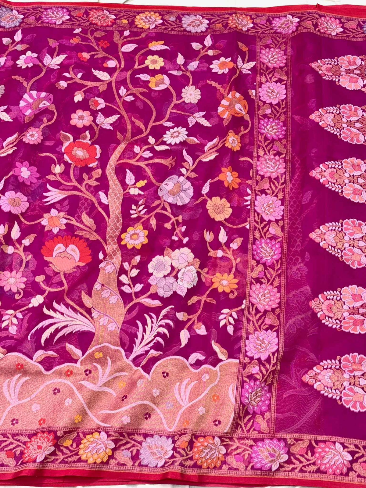 Hot Pink Pure Mulberry Kora Silk Ektara Jamdani Handloom Contemporary Banarasi Saree | Timeless Banarasi Elegance